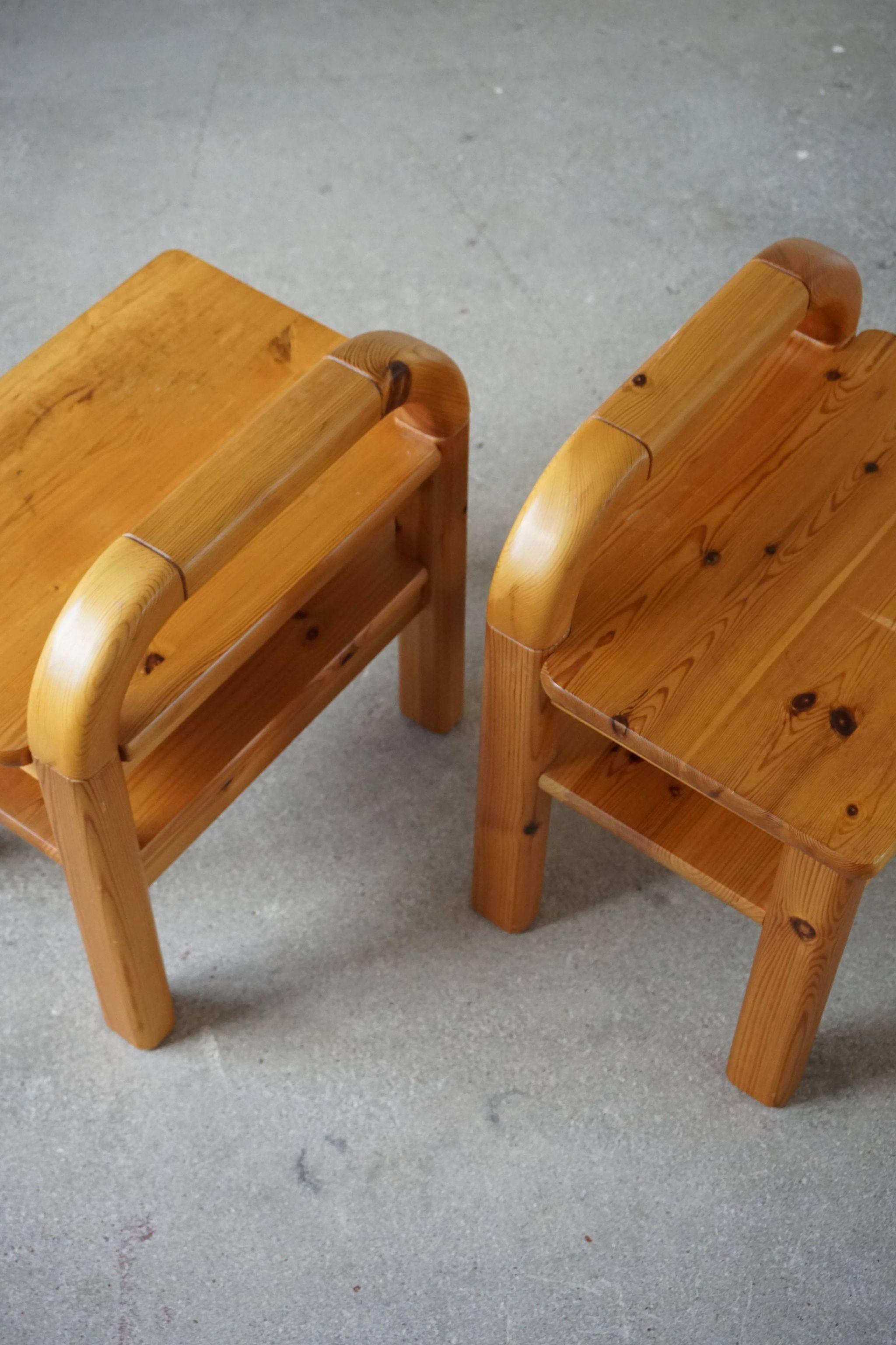 Swedish Pair of Mid Century Brutalist Night Stands in Solid Pine, 1970s, Made in Sweden