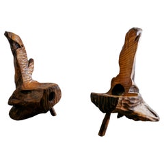 Pair of Mid Century Brutalist Sculptural Wooden Chairs Produced in Sweden, 1970s