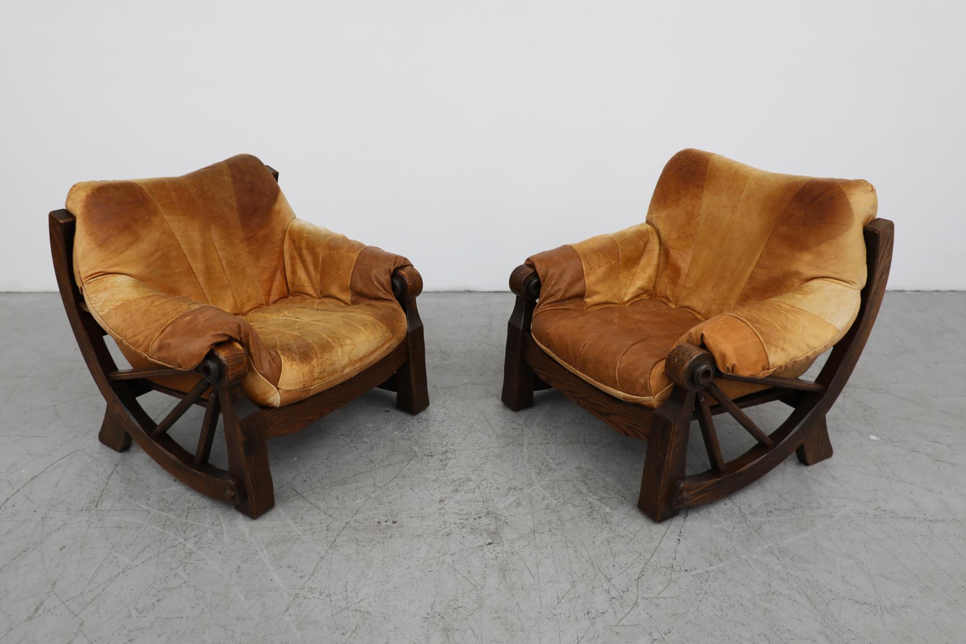 Pair of Mid-Century Brutalist Western Style Leather Patchwork Lounge Chairs 9