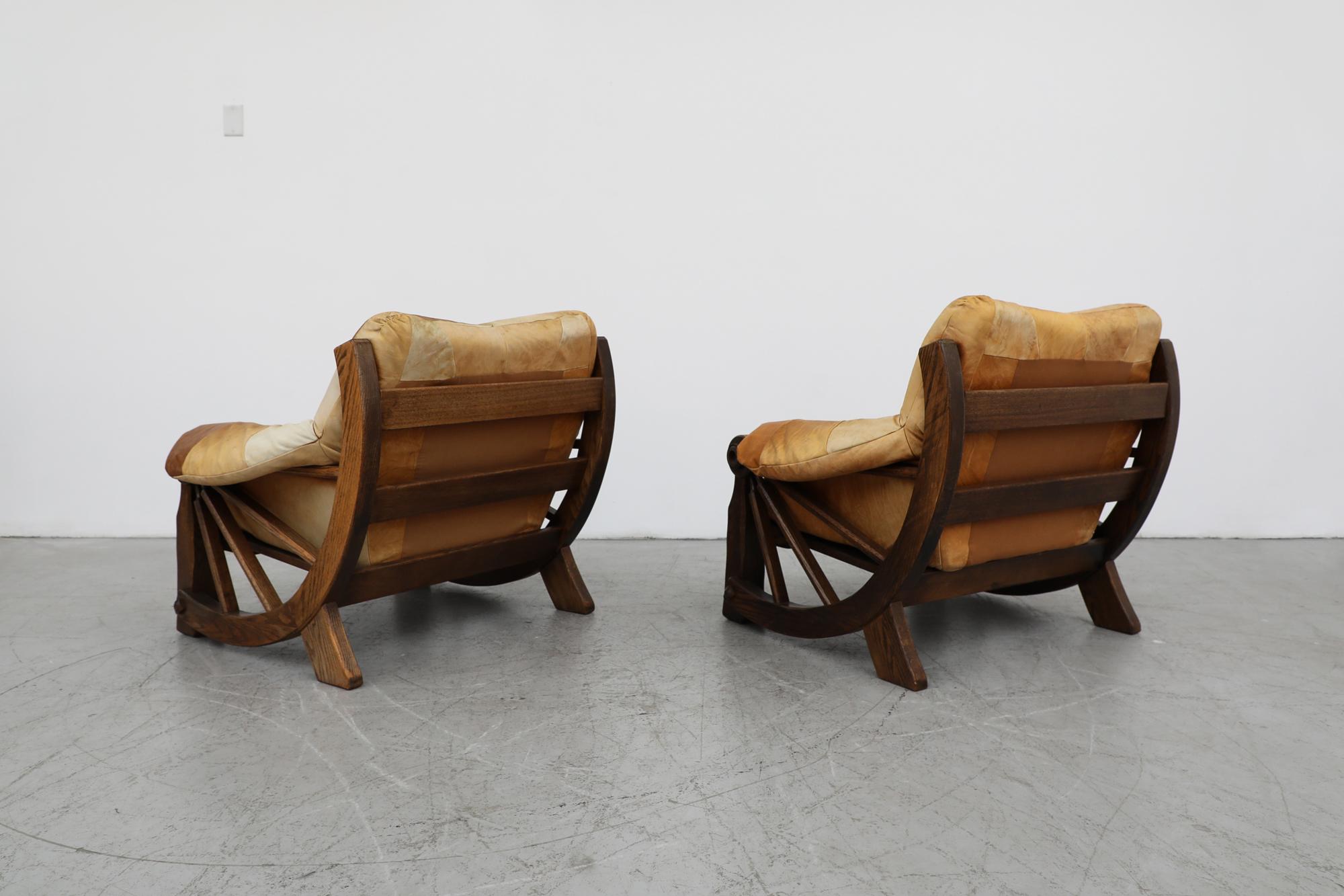 Dutch Pair of Mid-Century Brutalist Western Style Leather Patchwork Lounge Chairs