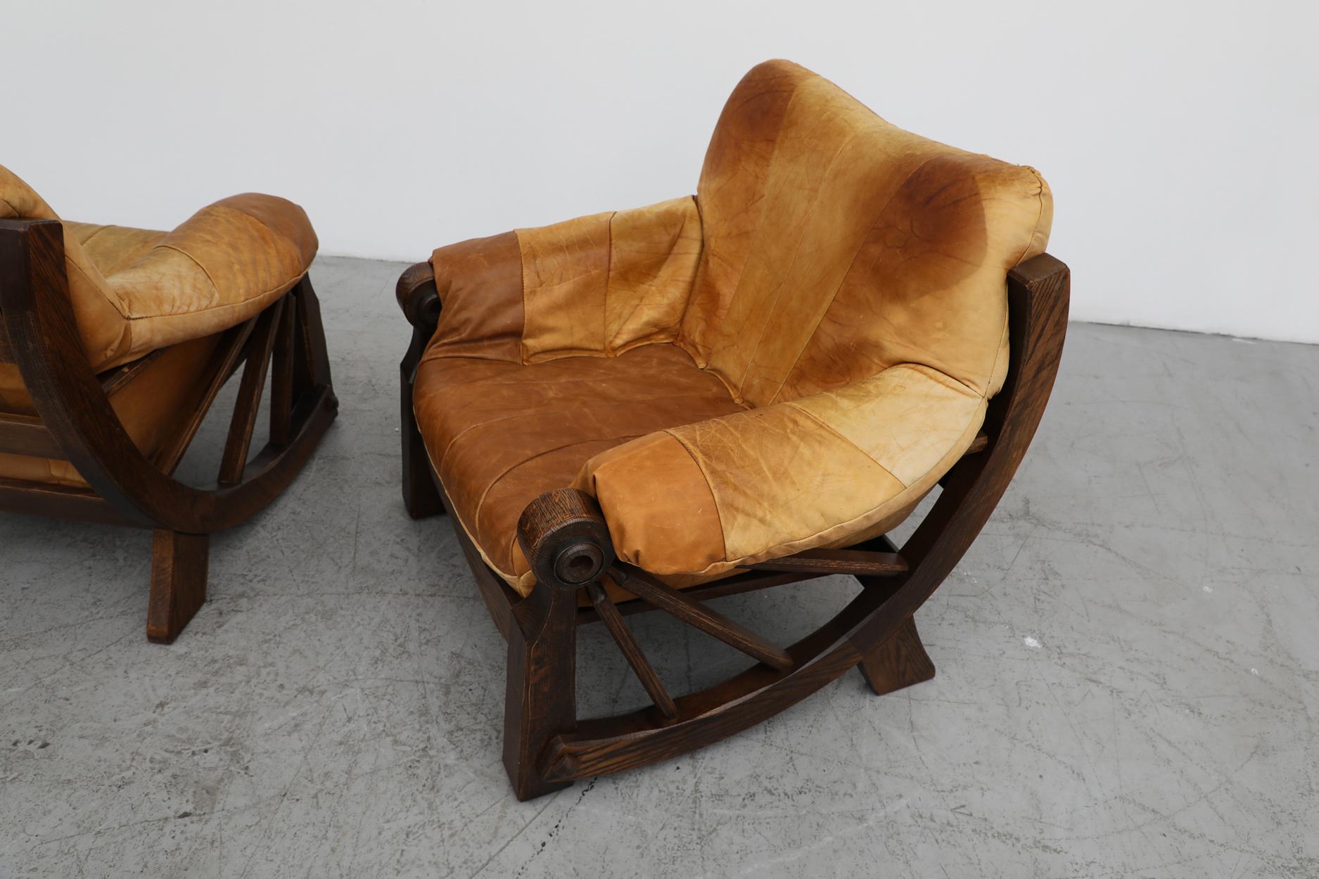 Dutch Pair of Mid-Century Brutalist Western Style Leather Patchwork Lounge Chairs