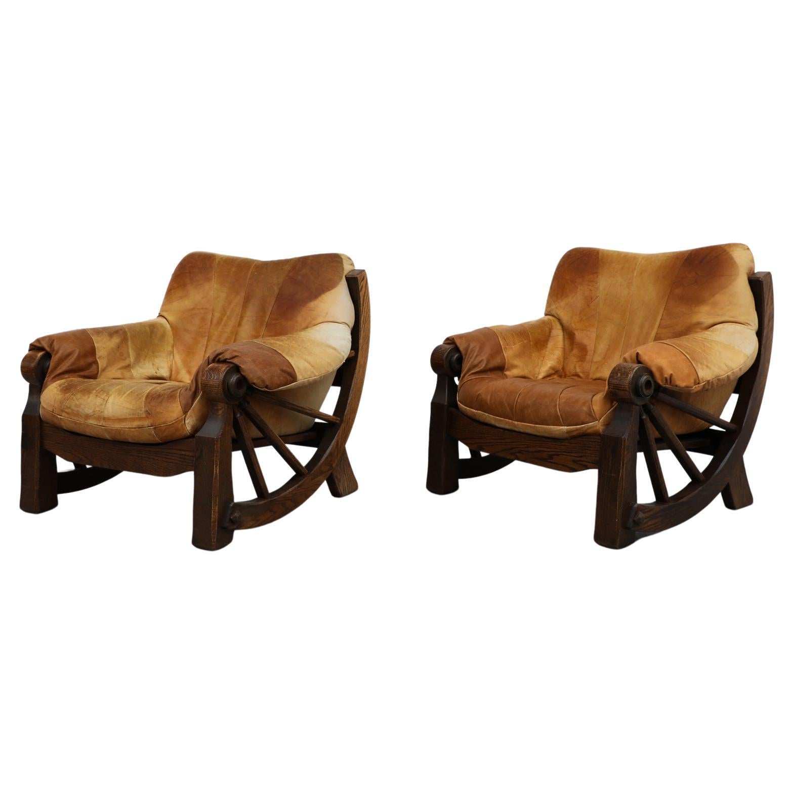 Pair of Mid-Century Brutalist Western Style Leather Patchwork Lounge Chairs