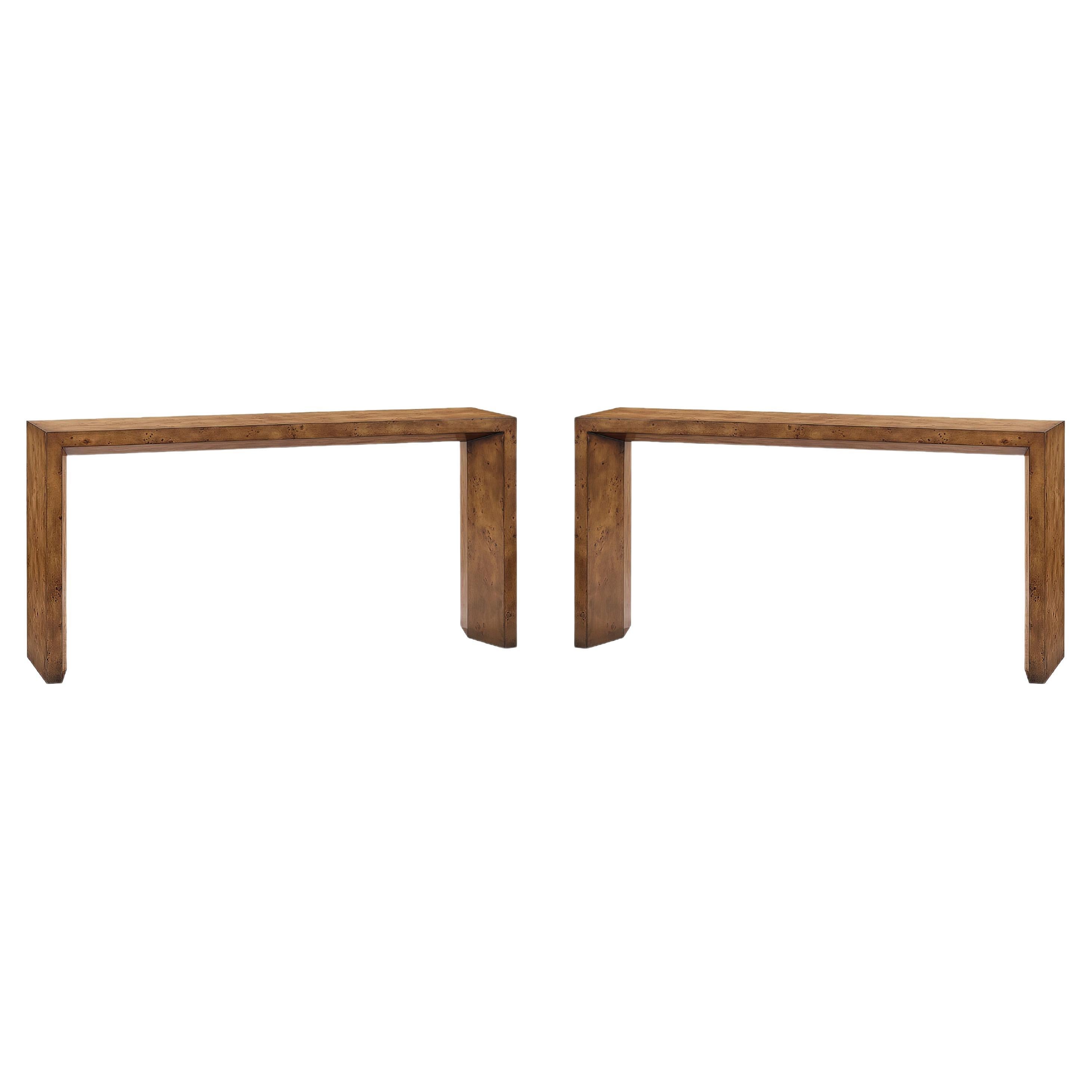 Pair of Midcentury Burl Console Tables For Sale