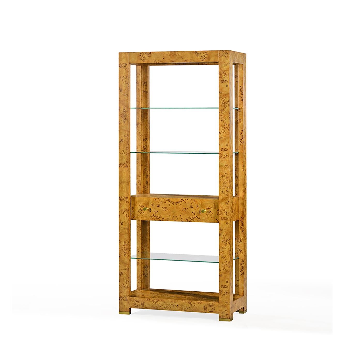 Contemporary Pair of Mid Century Burl Étagère Bookshelfs