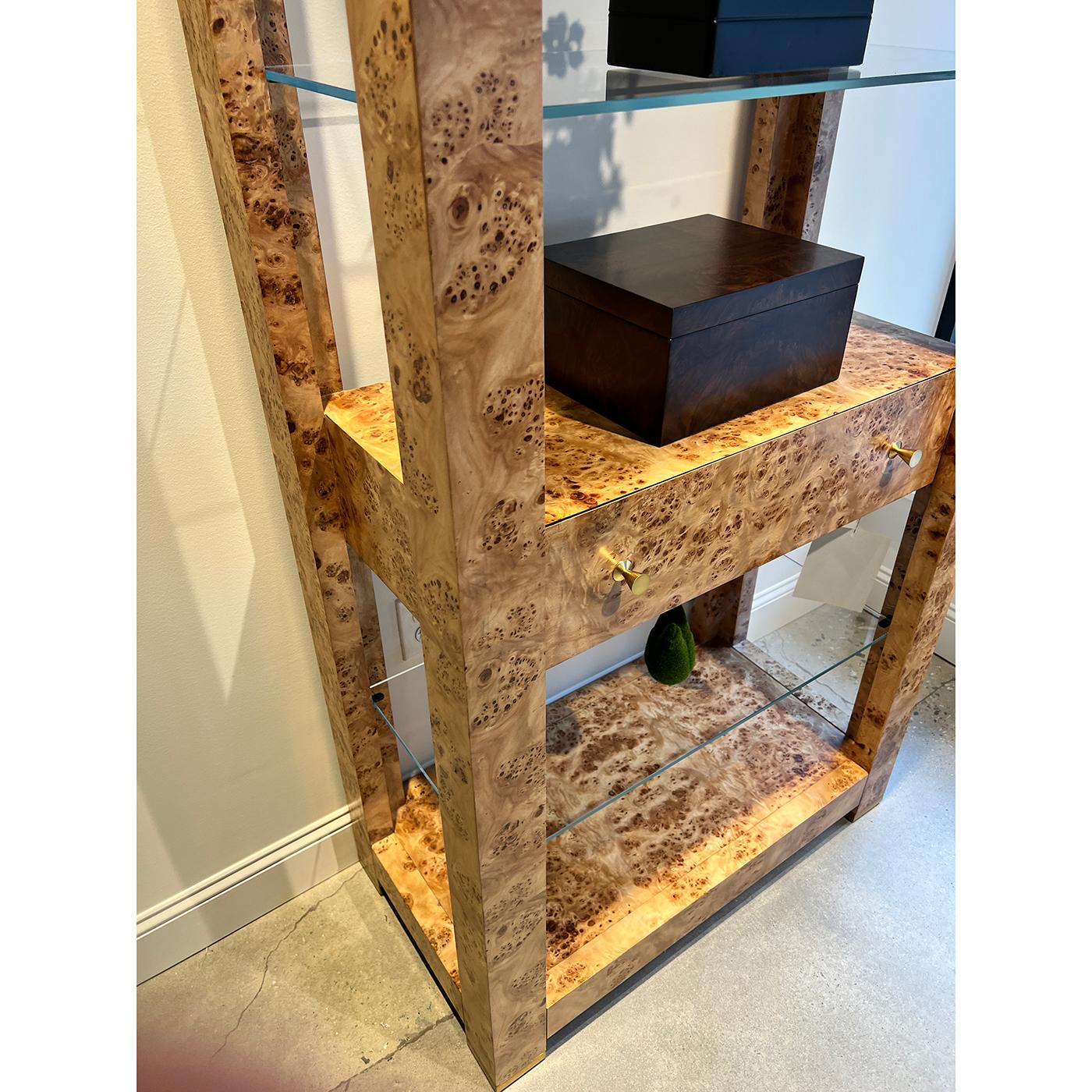 Glass Pair of Mid Century Burl Étagère Bookshelfs