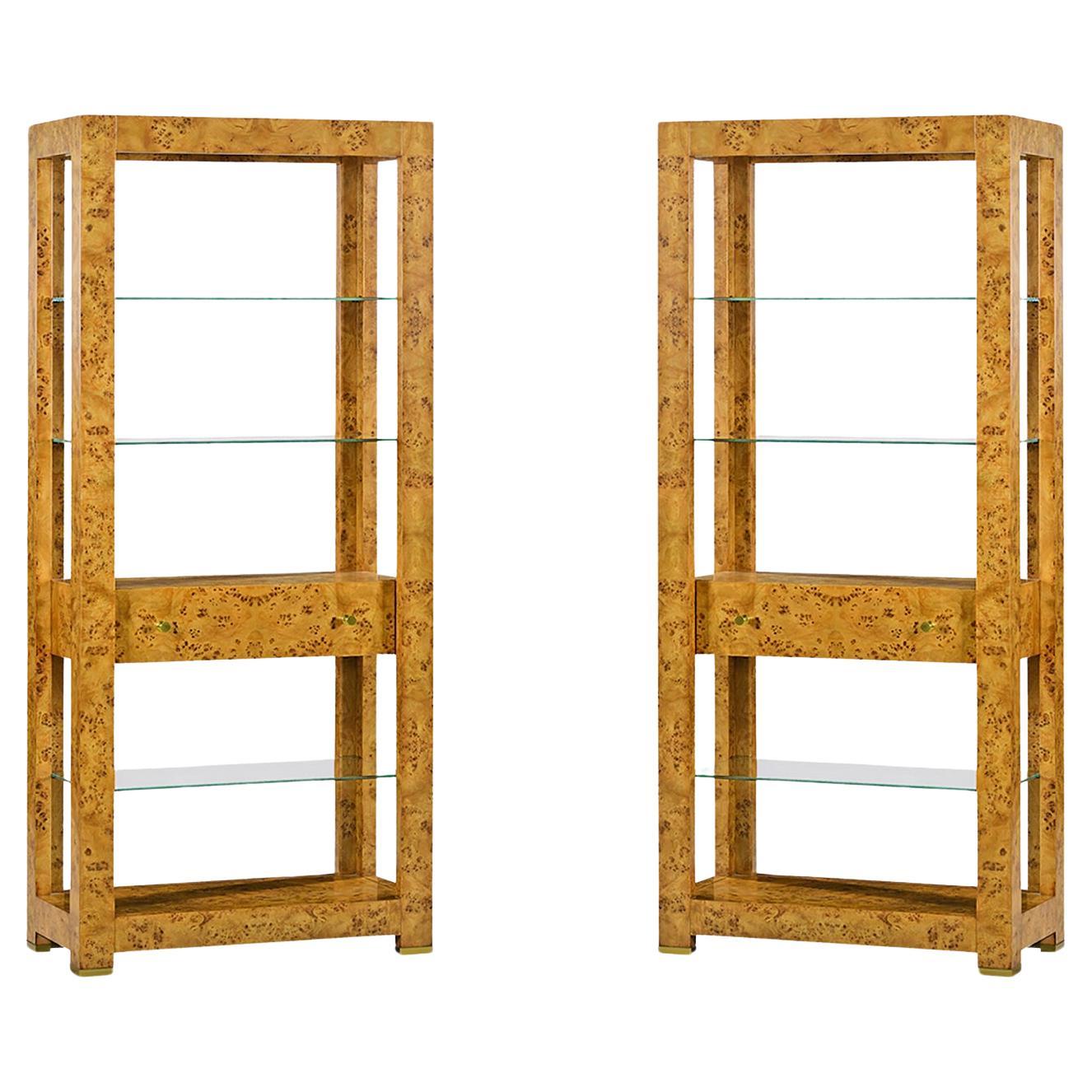 Pair of Mid Century Burl Étagère Bookshelfs