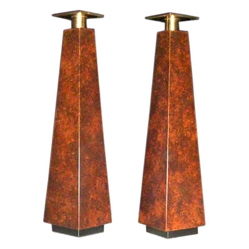 Pair of Mid  Century Burl Wood and Solid Brass  Candle Holders