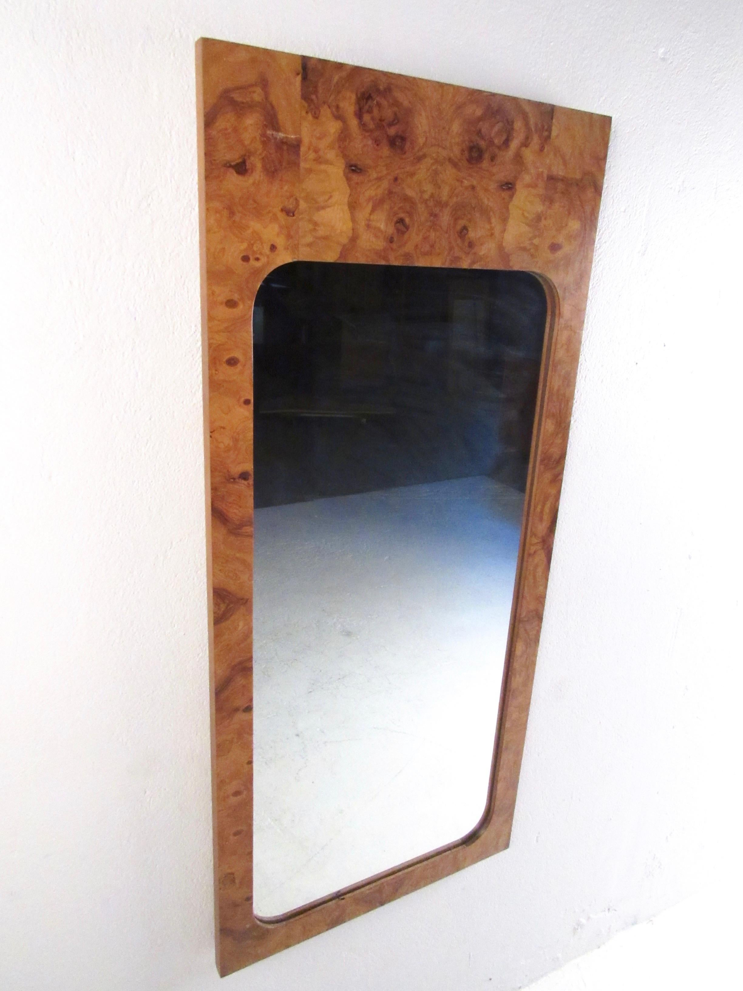 This pair of Mid-Century Modern burl wood mirrors by Lane features vintage burl finish and makes a striking addition to bedroom or business decor. Can be used with rails as nightstand/dresser mirrors or hung as wall mirrors. Impressive golden burl