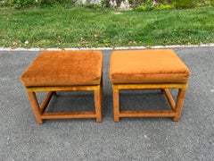 Pair of Mid Century Burnt Orange Gold Pillow Top Ottomans