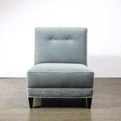Pair of Mid-Century Button Back Detailed Slipper Chairs in Powder Blue Mohair