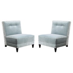 Pair of Mid-Century Button Back Detailed Slipper Chairs in Powder Blue Mohair
