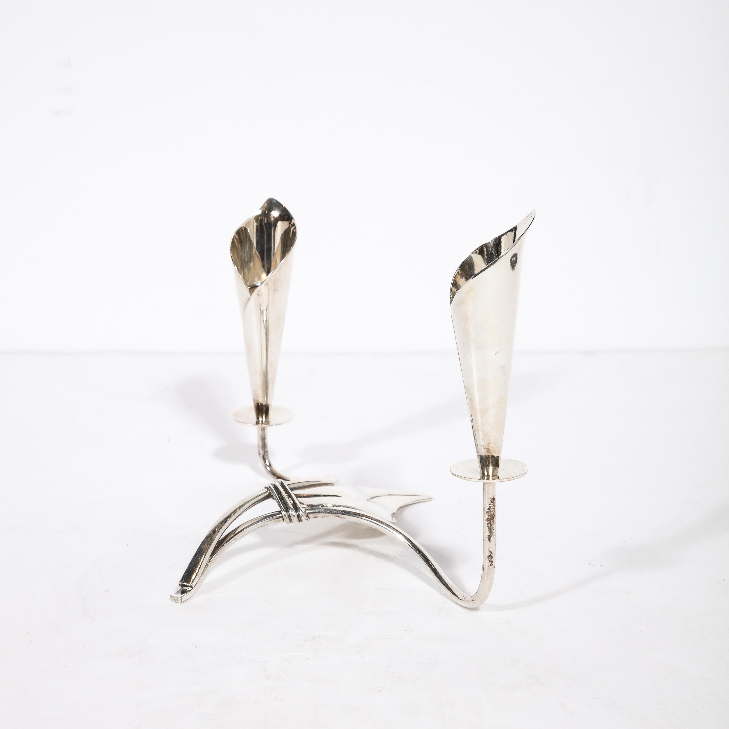 Pair of Mid-Century Cala Lily Candle Holders in Silver Plate by Hans Jensen For Sale 4