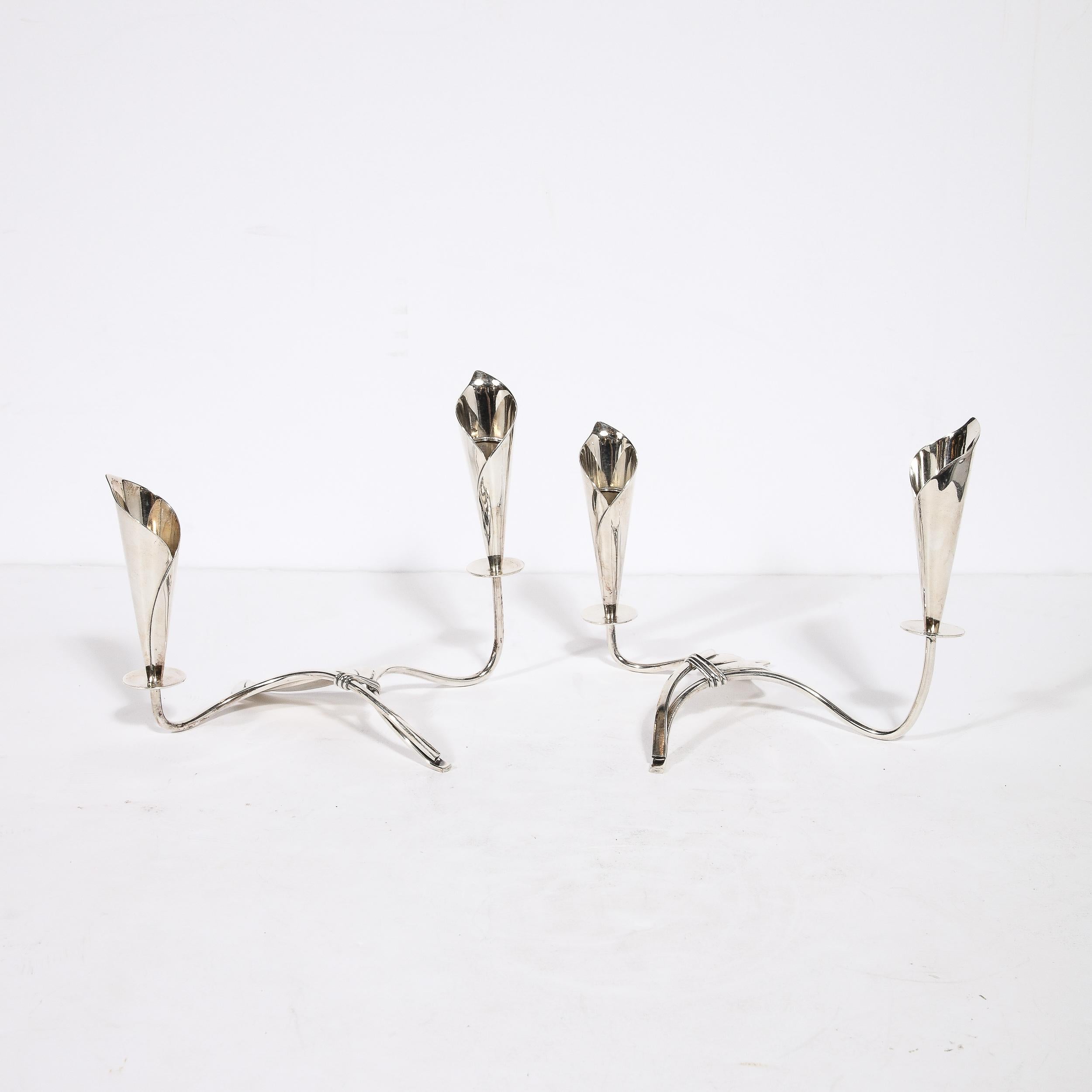 Mid-Century Modern Pair of Mid-Century Cala Lily Candle Holders in Silver Plate by Hans Jensen For Sale