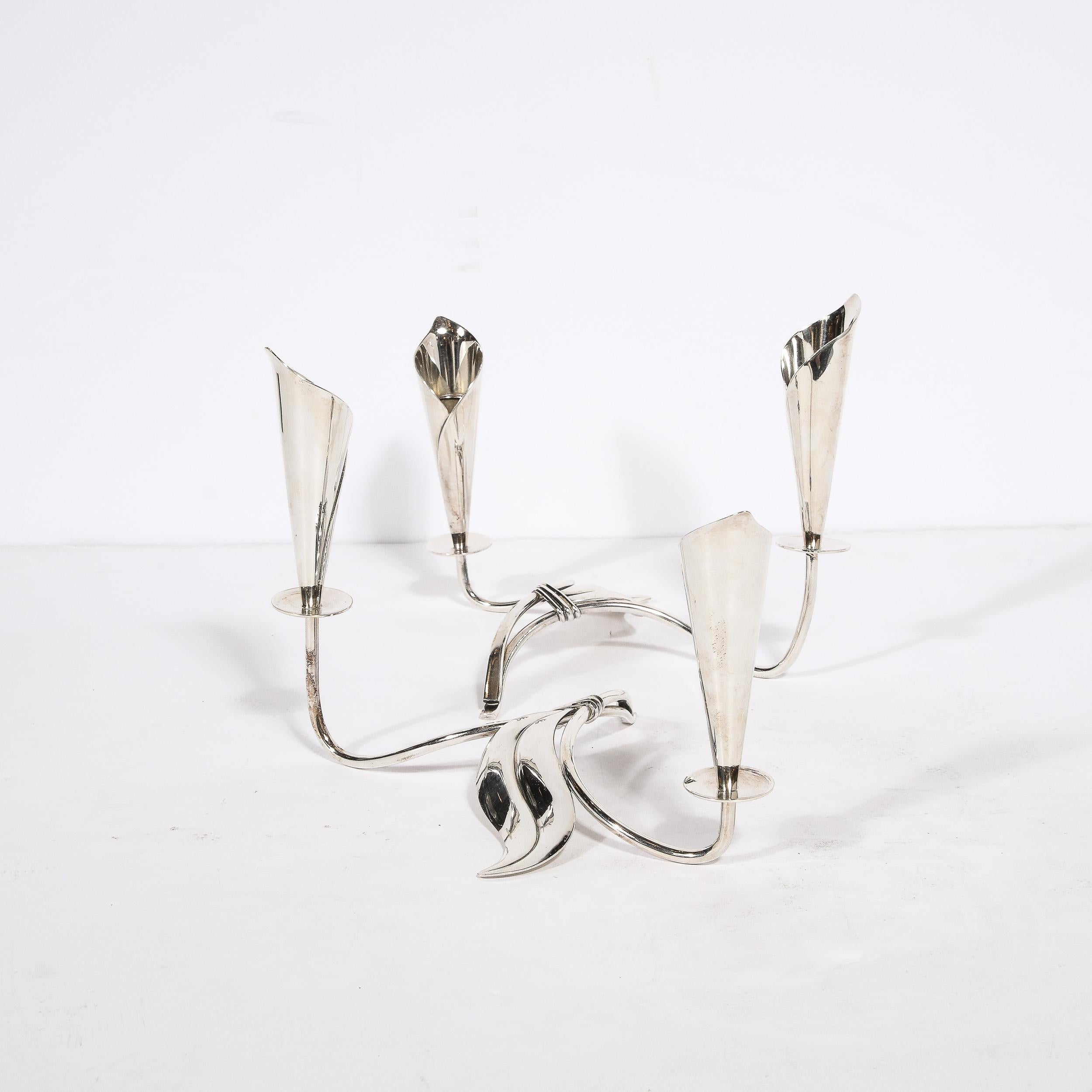 Danish Pair of Mid-Century Cala Lily Candle Holders in Silver Plate by Hans Jensen For Sale