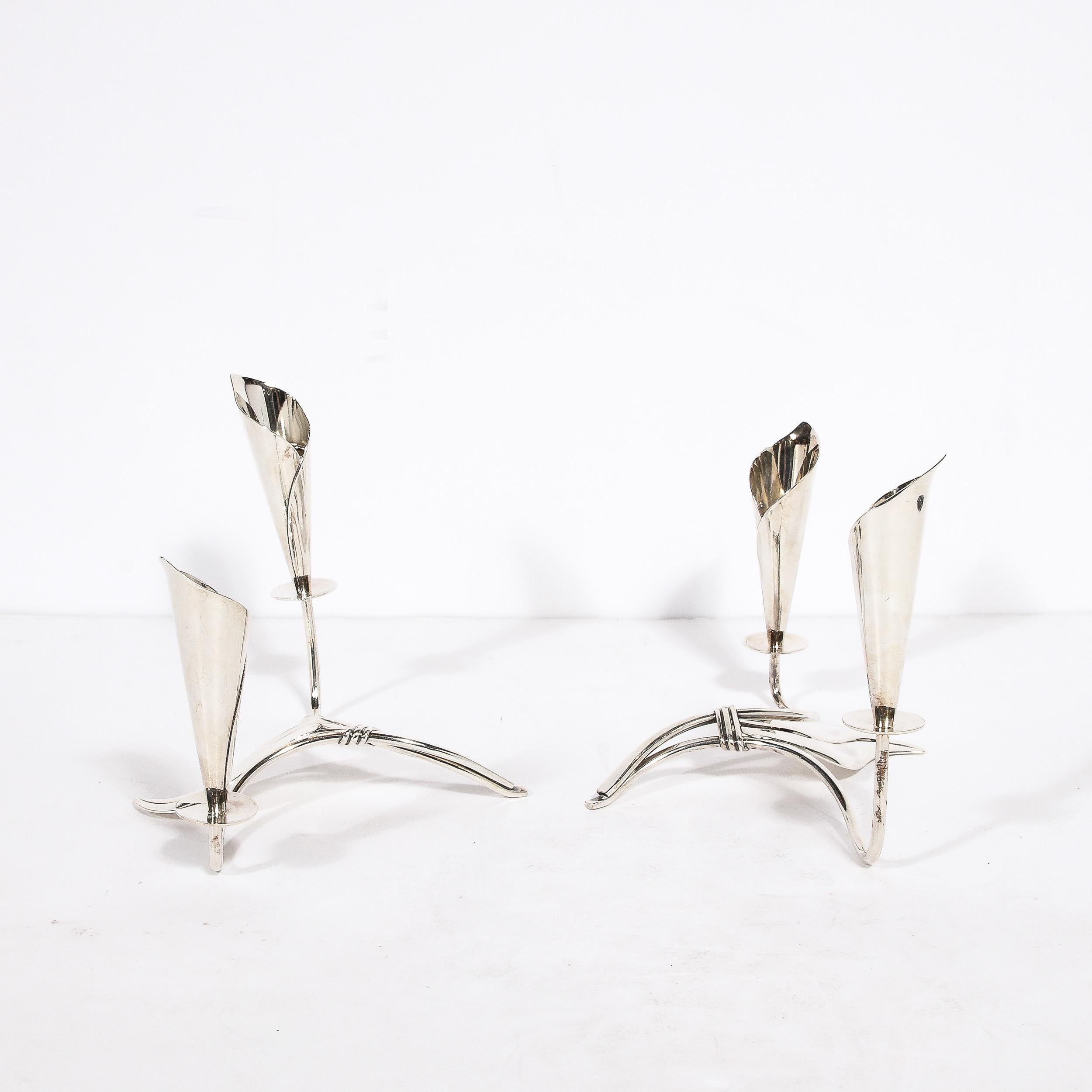 Mid-20th Century Pair of Mid-Century Cala Lily Candle Holders in Silver Plate by Hans Jensen For Sale
