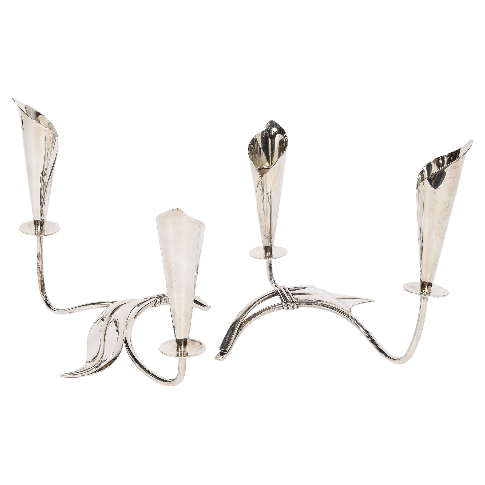 Pair of Mid-Century Cala Lily Candle Holders in Silver Plate by Hans Jensen For Sale