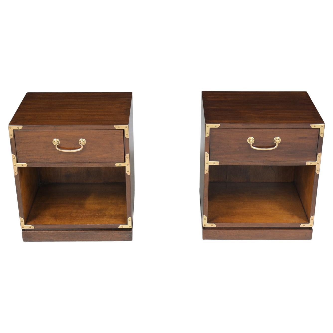 An extraordinary pair of mid-century nightstands by Drexel is hand-crafted out of walnut wood and are in great condition and is completely restored and refinished by our professional craftsmen team. These 1960s bedside tables are eye-catching and