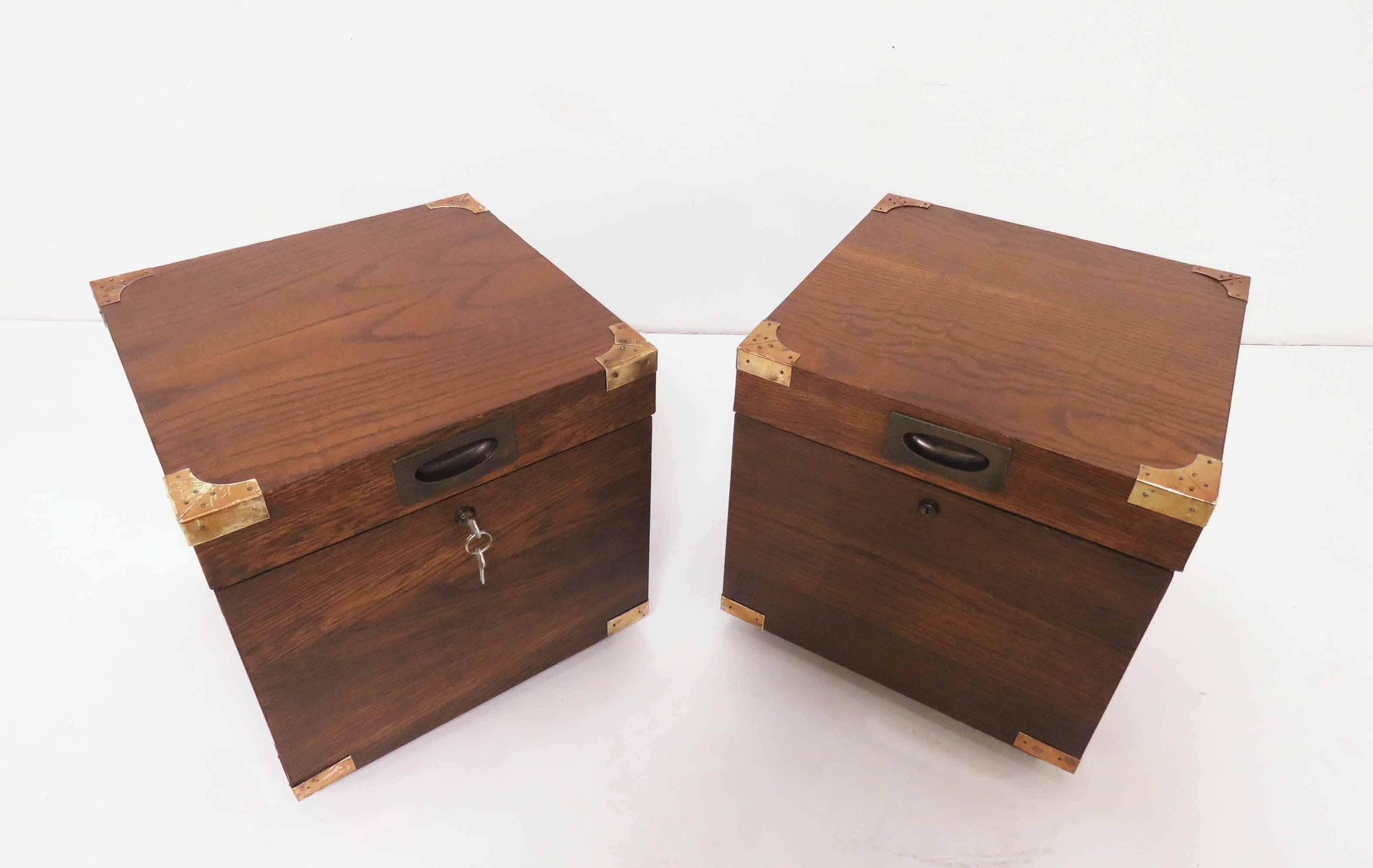 Pair of Campaign style cube form chests, circa 1960s, by Lane Furniture. Perfect size to use as end tables, or side-by-side as a coffee table.