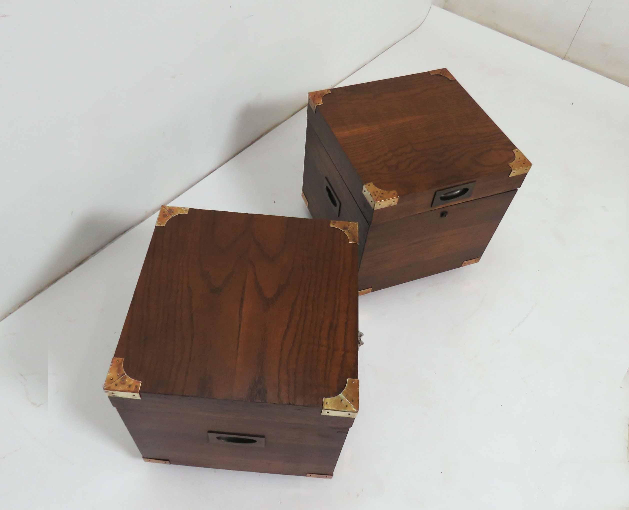 Wood Pair of Midcentury Campaign Style Cube Form Chests by Lane Furniture