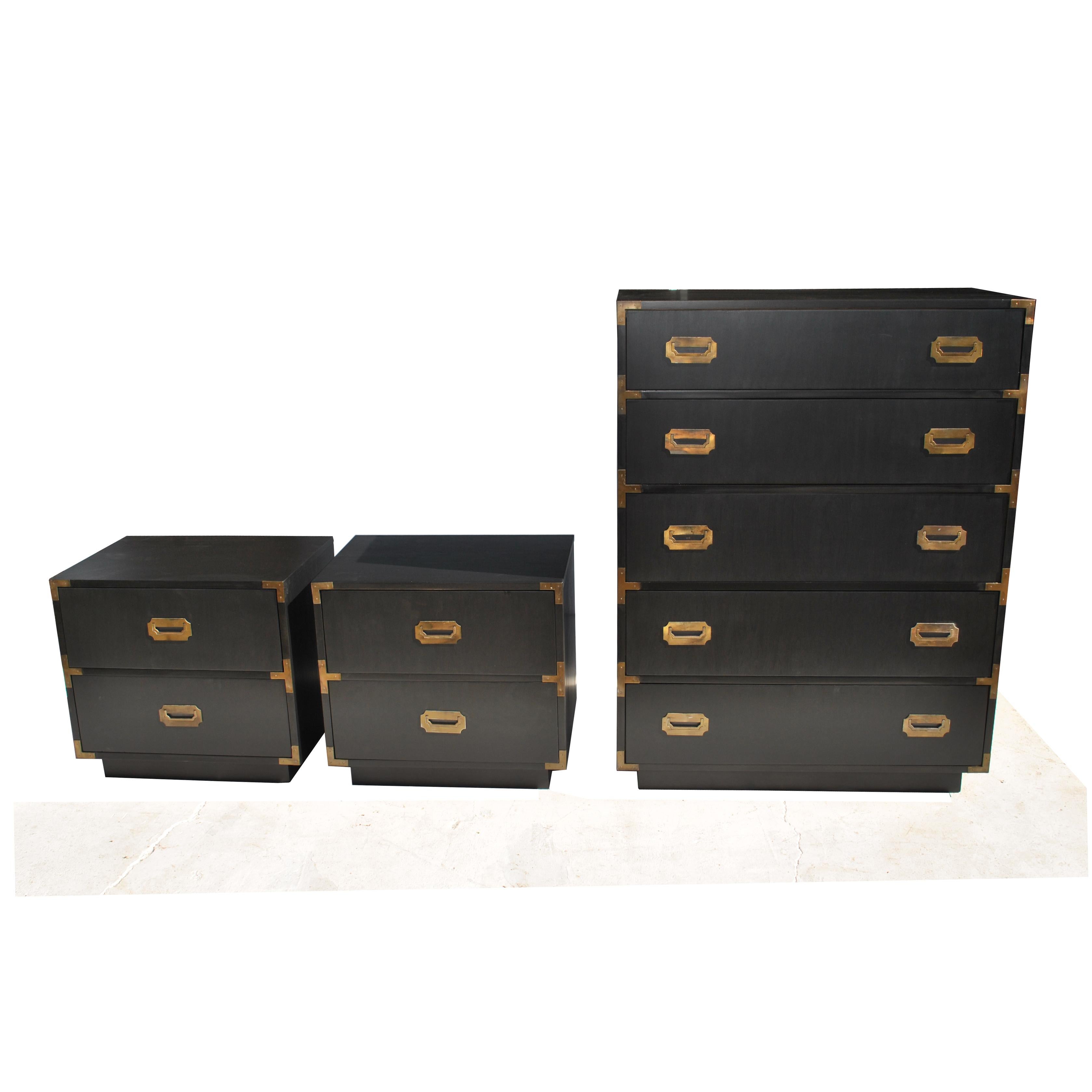 Ebonized Pair of Midcentury Campaign Style Nightstands by Dixie