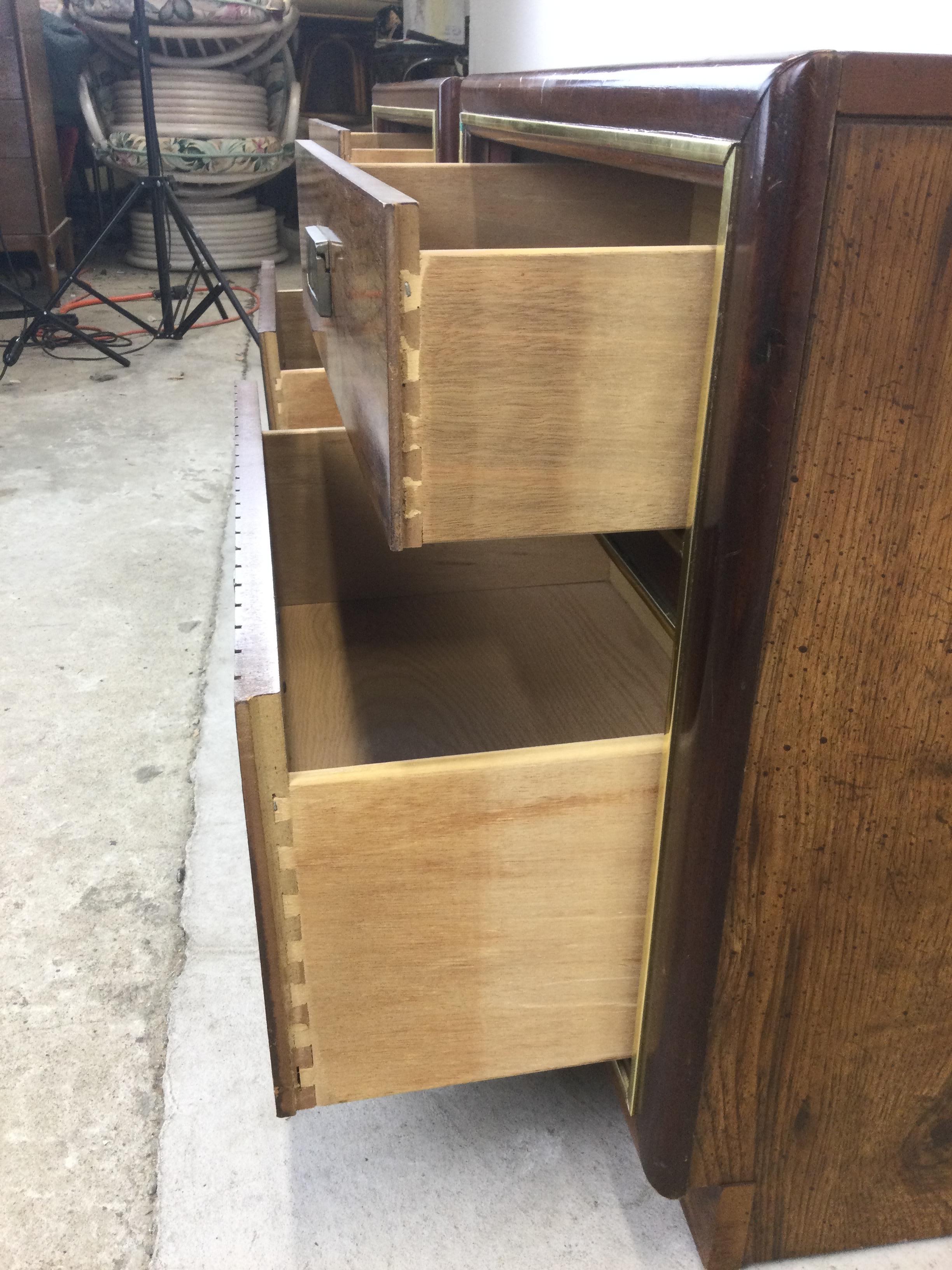 Pair of Mid Century Campaign Style Nightstands with 2 Drawers For Sale 3