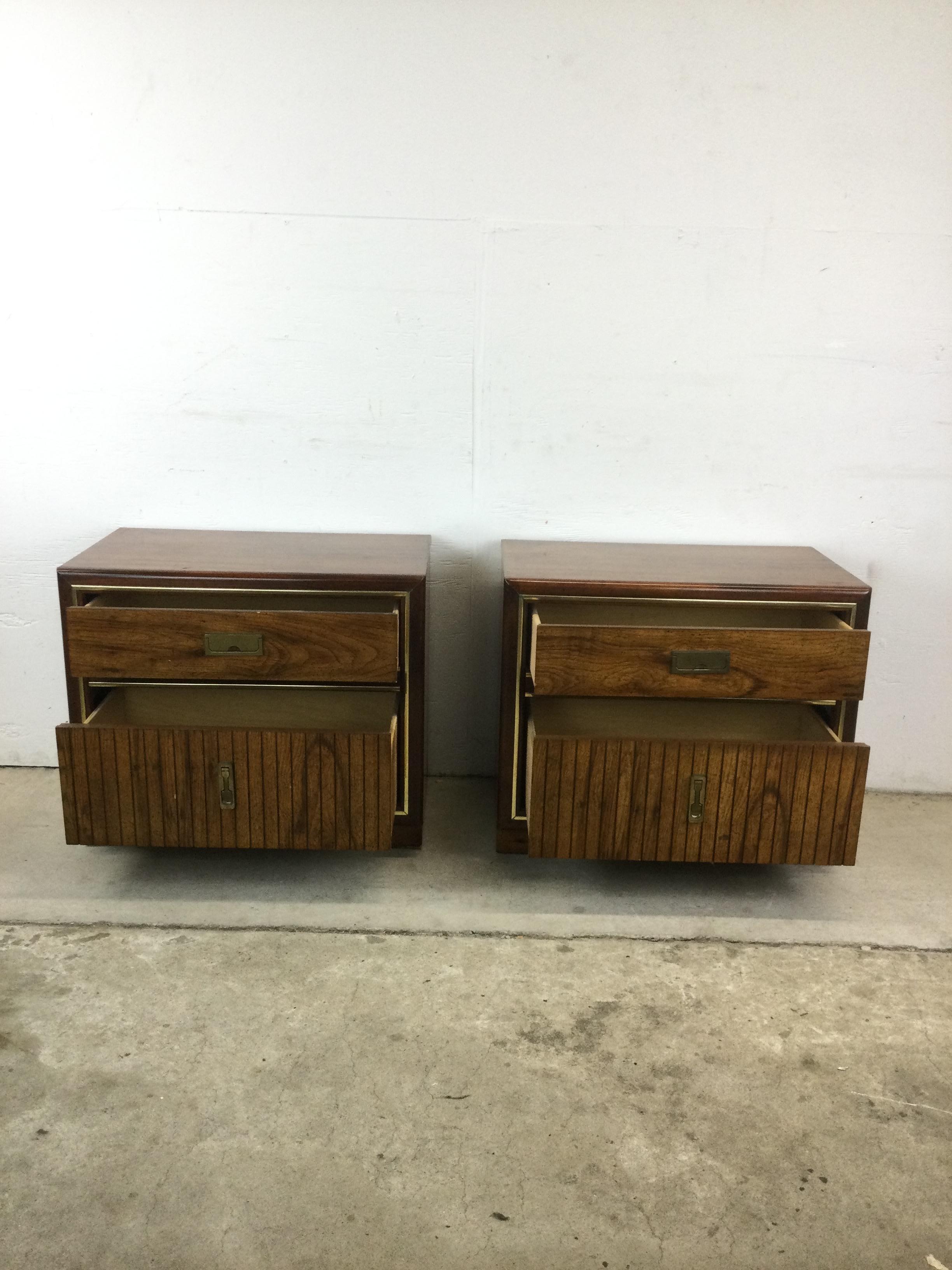 Pair of Mid Century Campaign Style Nightstands with 2 Drawers For Sale 4