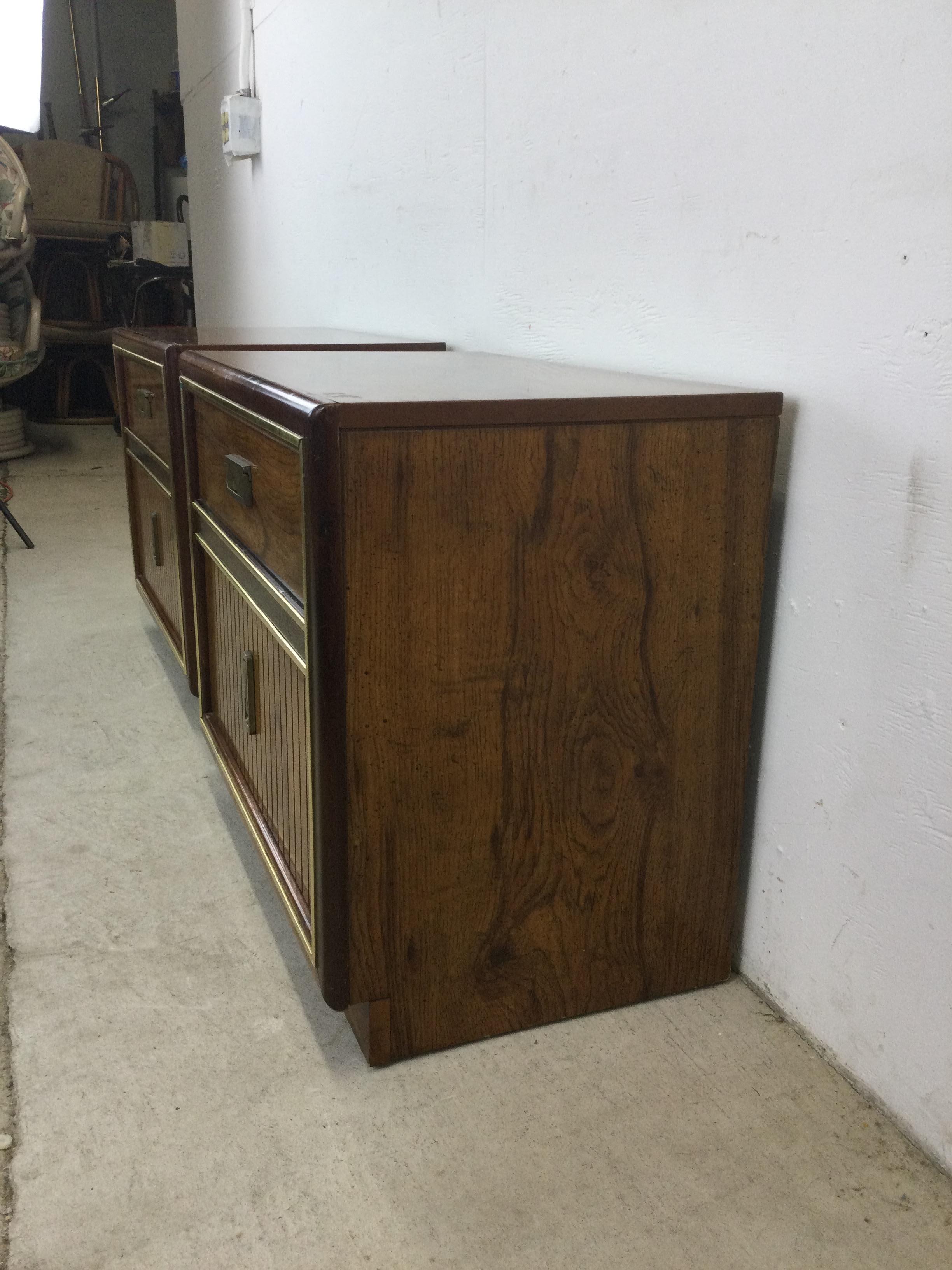 Pair of Mid Century Campaign Style Nightstands with 2 Drawers For Sale 6