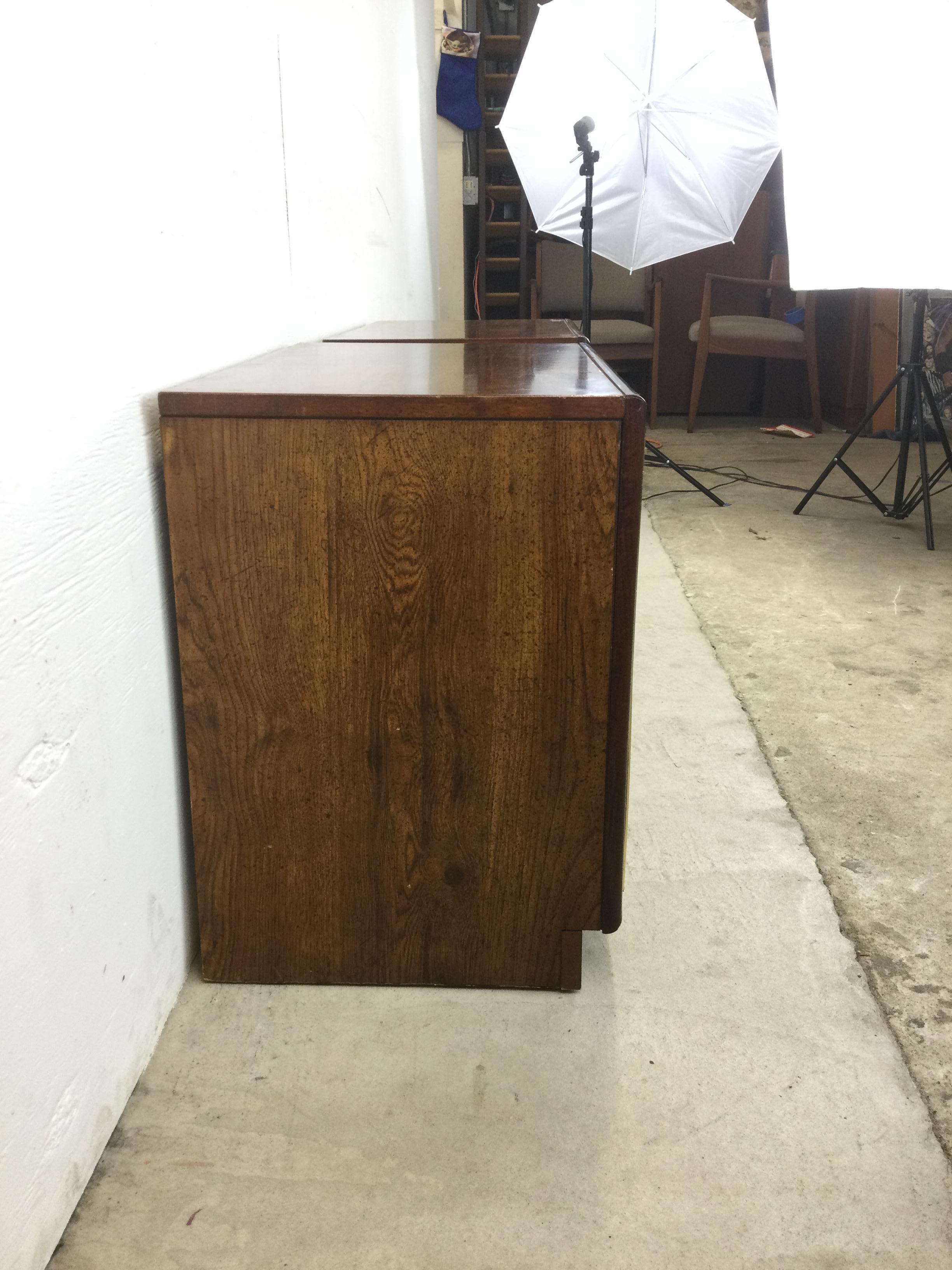 Pair of Mid Century Campaign Style Nightstands with 2 Drawers For Sale 7
