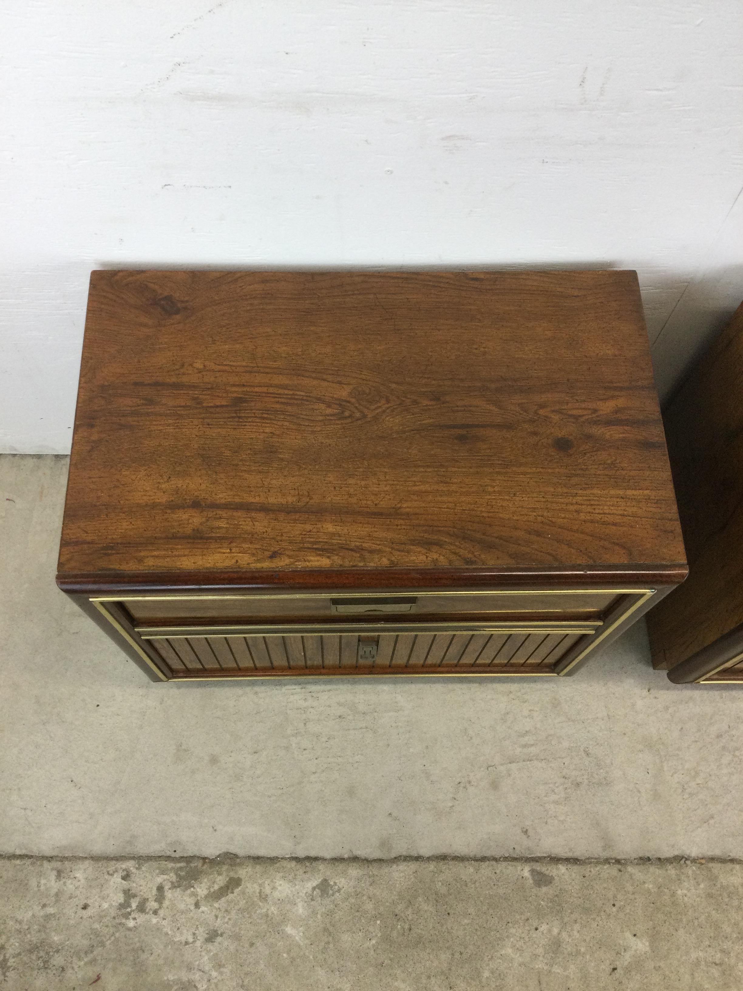 Pair of Mid Century Campaign Style Nightstands with 2 Drawers For Sale 8
