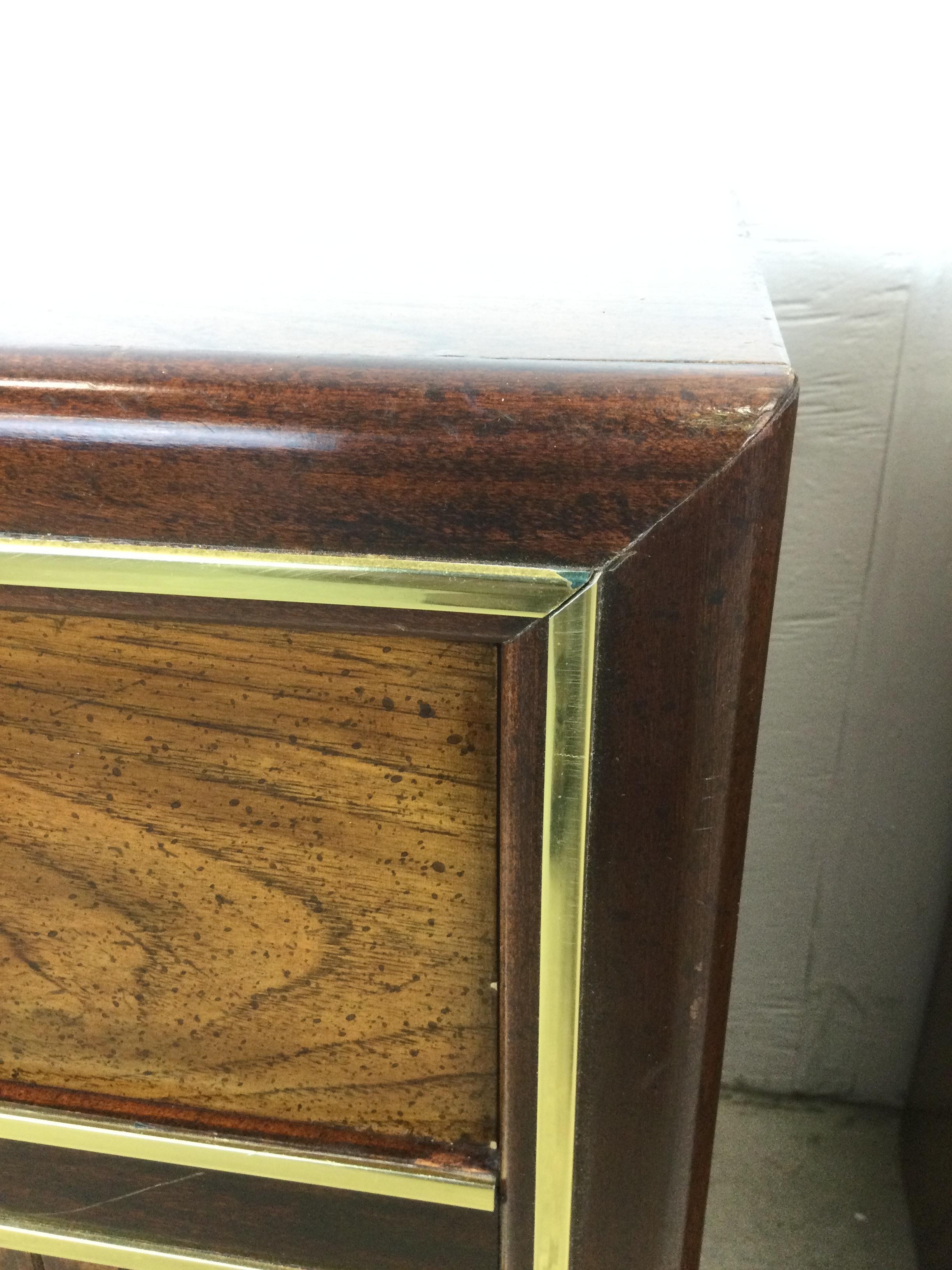 Mid-Century Modern Pair of Mid Century Campaign Style Nightstands with 2 Drawers For Sale