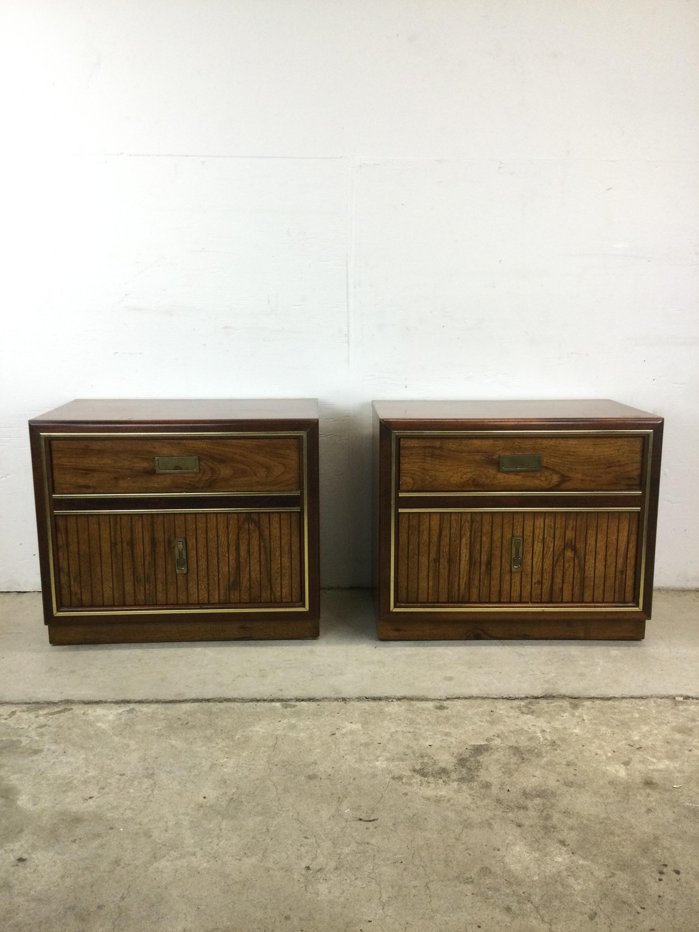 American Pair of Mid Century Campaign Style Nightstands with 2 Drawers For Sale