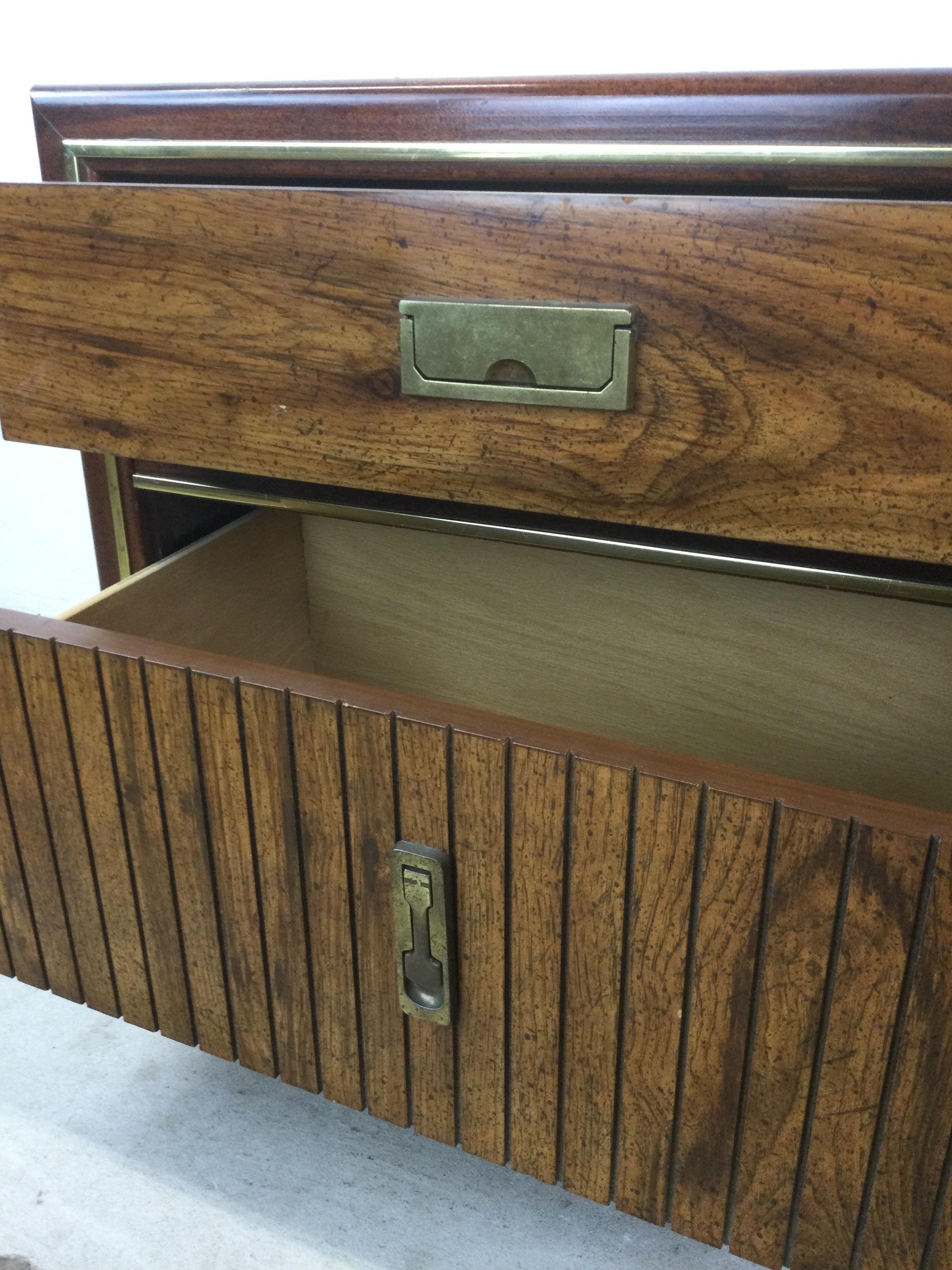Veneer Pair of Mid Century Campaign Style Nightstands with 2 Drawers For Sale