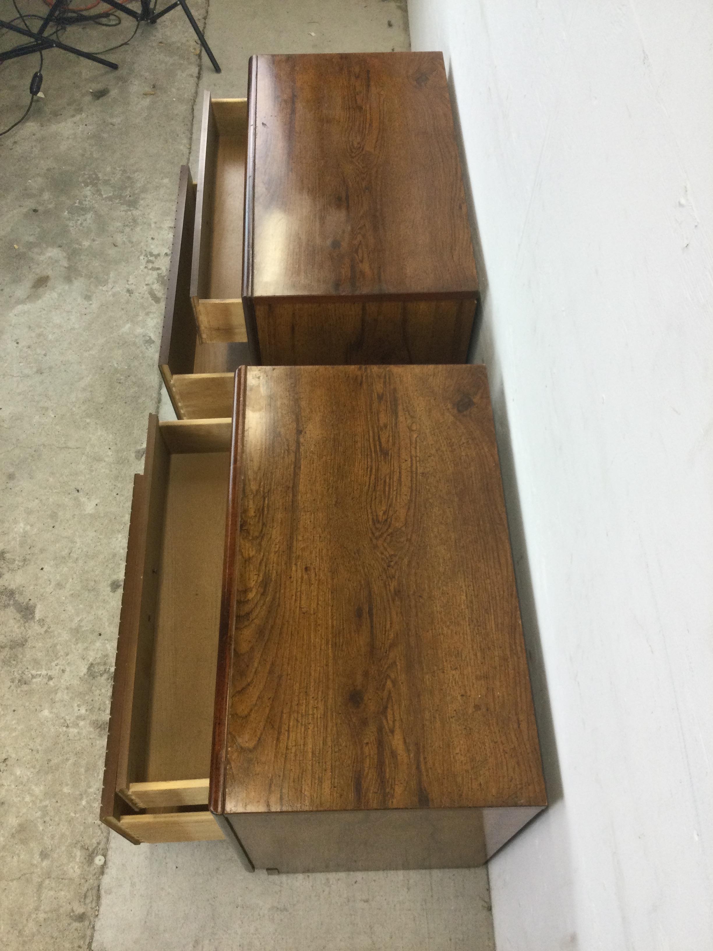 Pair of Mid Century Campaign Style Nightstands with 2 Drawers For Sale 1