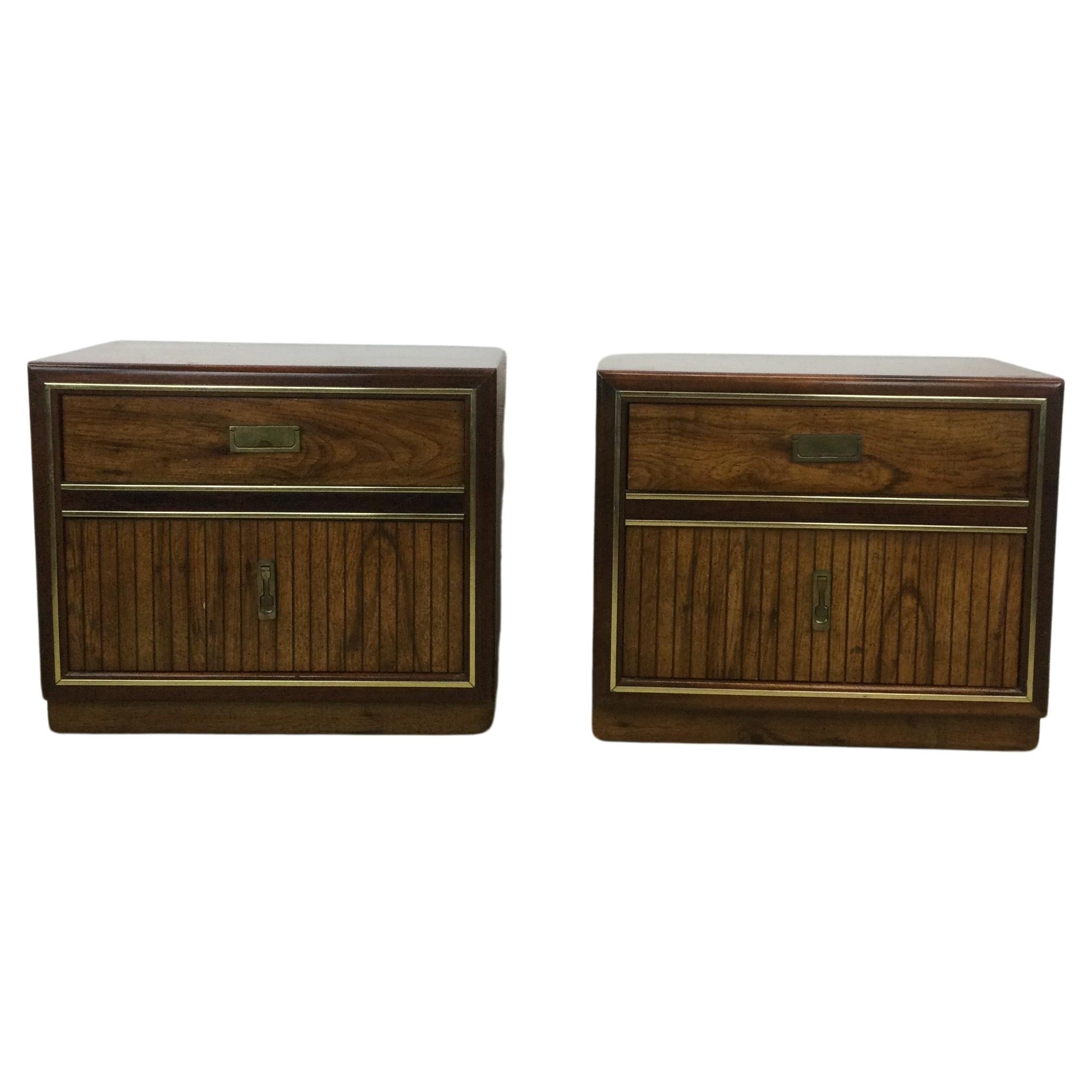 Pair of Mid Century Campaign Style Nightstands with 2 Drawers For Sale