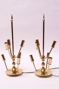 Pair of Midcentury Candelabra Style Six-Arm Brass Table Lamps