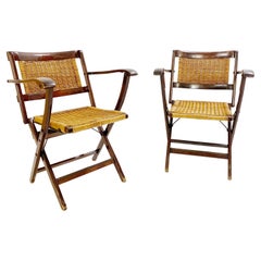 Pair of Mid-Century Cane and Wood Foldable Armchairs, Italy 1950s