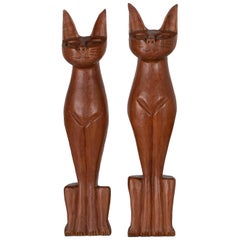 Pair of Mid-century Carved Cats