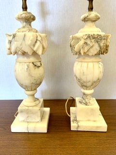 Pair of Midcentury Carved Neoclassical Alabaster Lamps Made in Italy