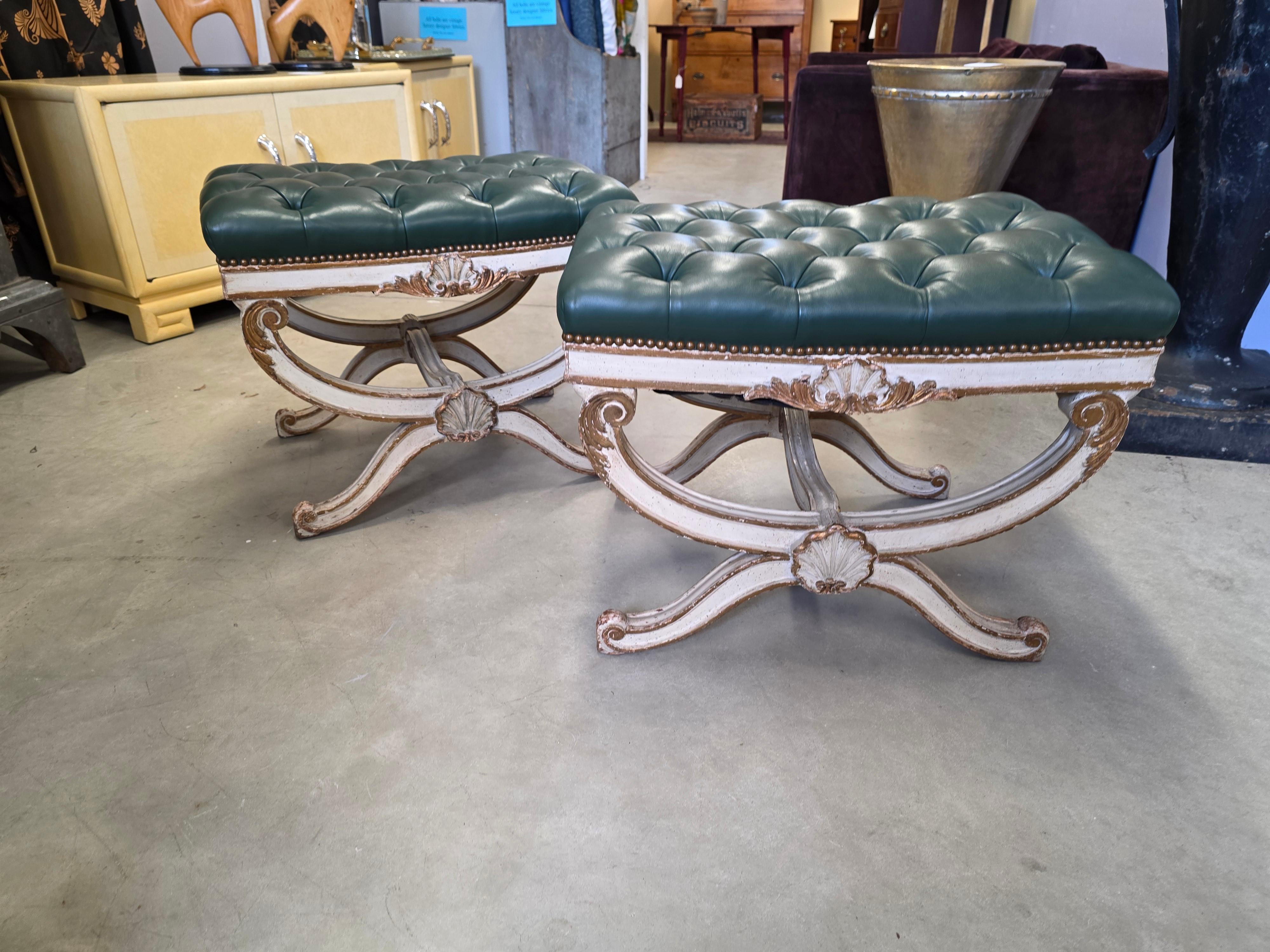 Hollywood Regency Pair Of Mid-Century Carved Painted and Gilded Curule Benches For Sale