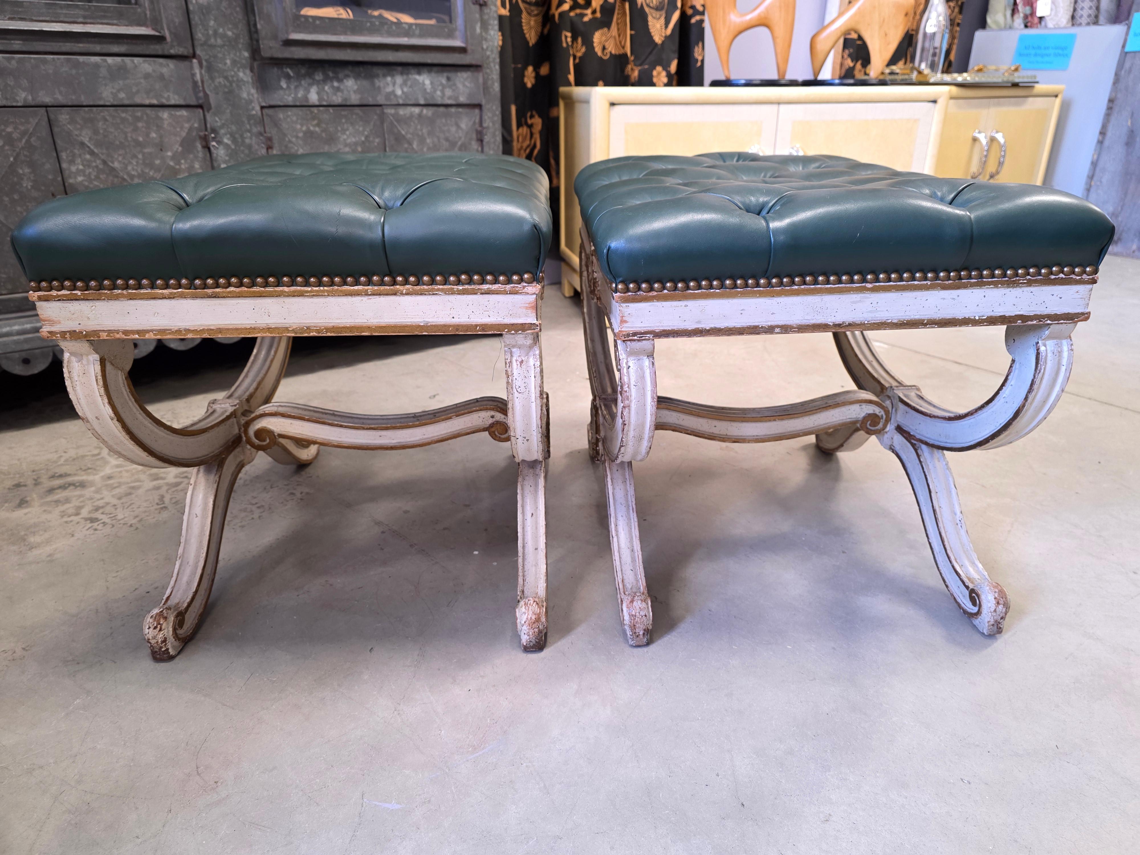 Hand-Crafted Pair Of Mid-Century Carved Painted and Gilded Curule Benches For Sale