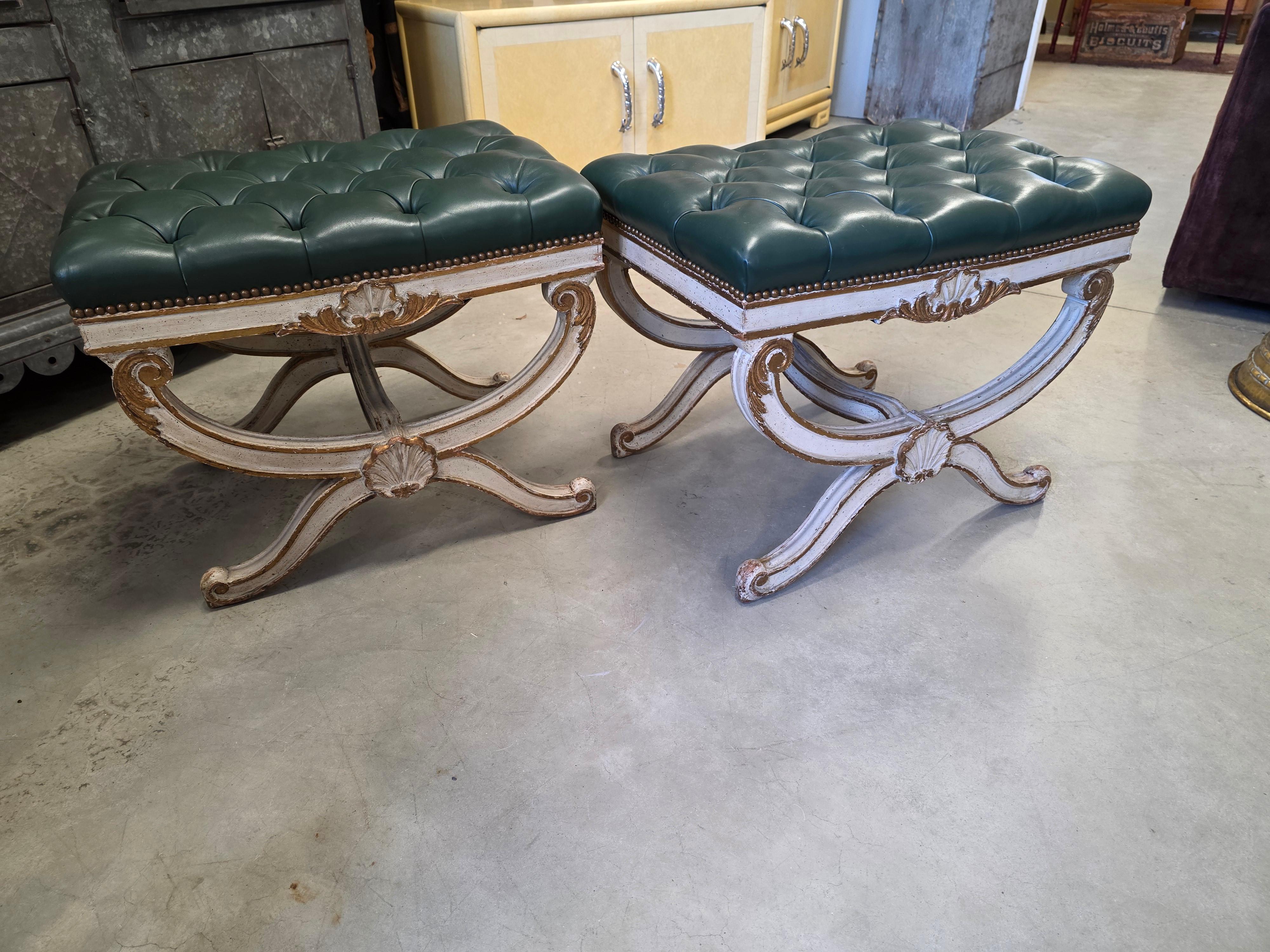 Wood Pair Of Mid-Century Carved Painted and Gilded Curule Benches For Sale