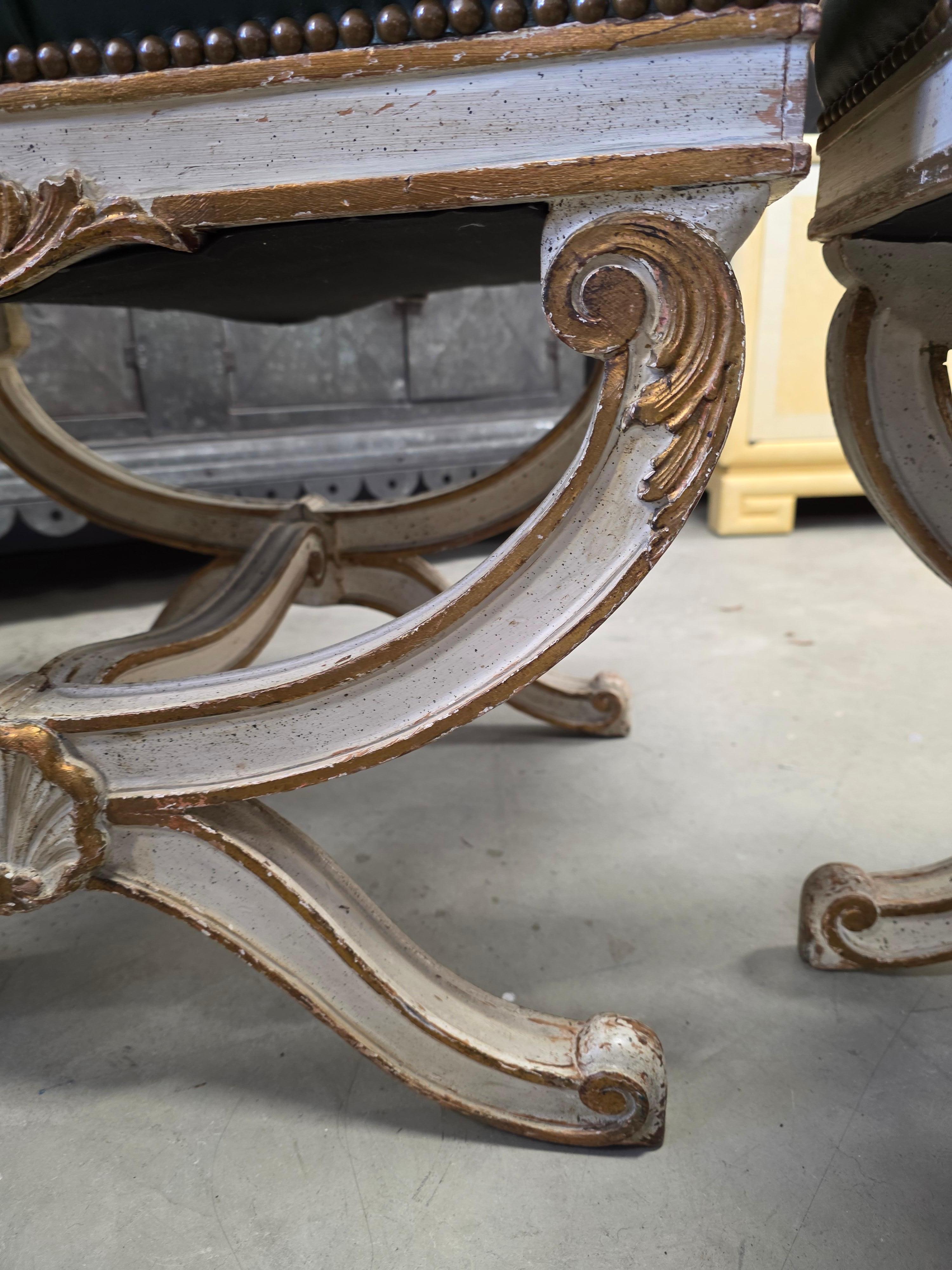 Pair Of Mid-Century Carved Painted and Gilded Curule Benches For Sale 1