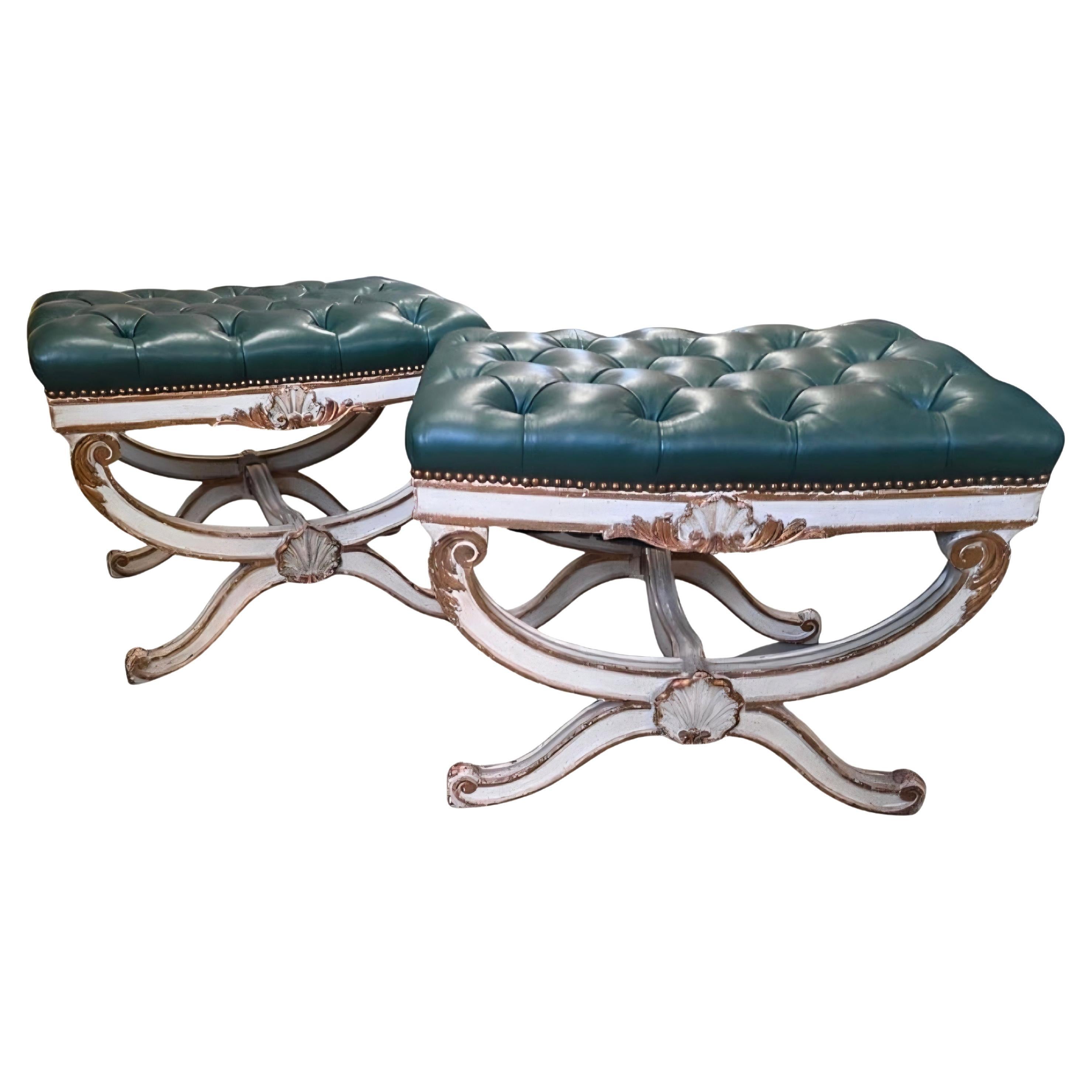 Pair Of Mid-Century Carved Painted and Gilded Curule Benches For Sale