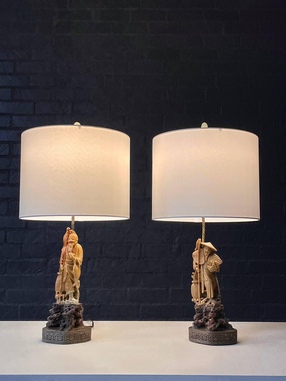Condition: Newly Rewired, New Linen Shades 

Materials: Soapstone, Patinated Brass Bases & Accents

Dimensions:
26.25”H x 5.50”W x 4.75”D
Shade:
10