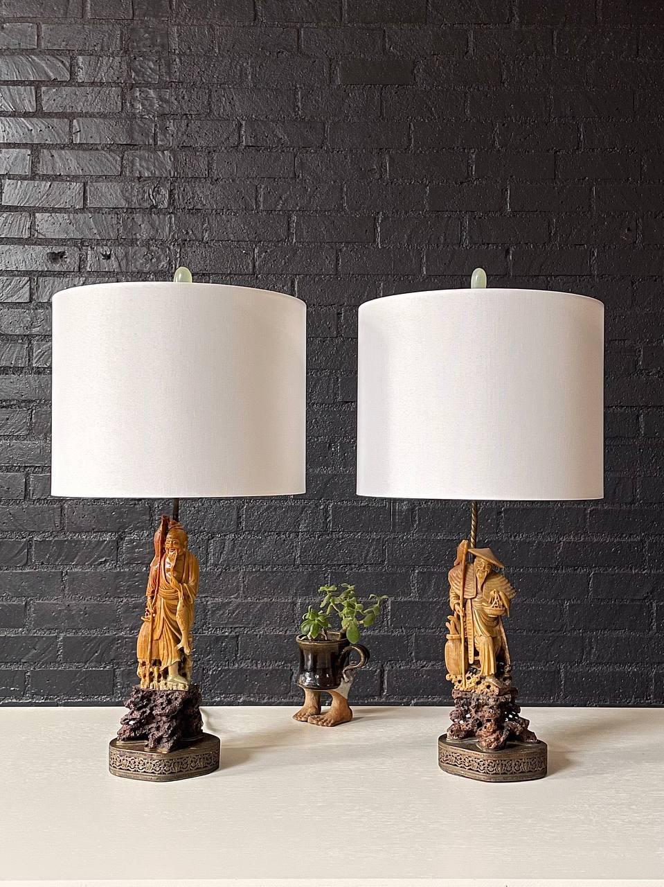 Other Pair of Mid-Century Carved Soapstone Chinese Fisherman Table Lamps w/ Decorative