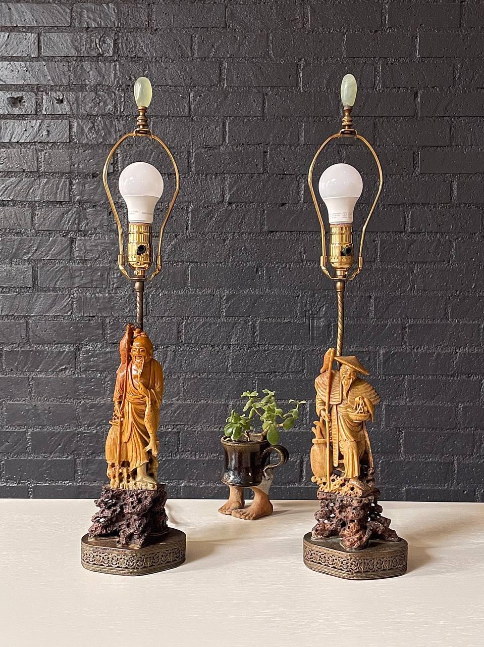 American Pair of Mid-Century Carved Soapstone Chinese Fisherman Table Lamps w/ Decorative