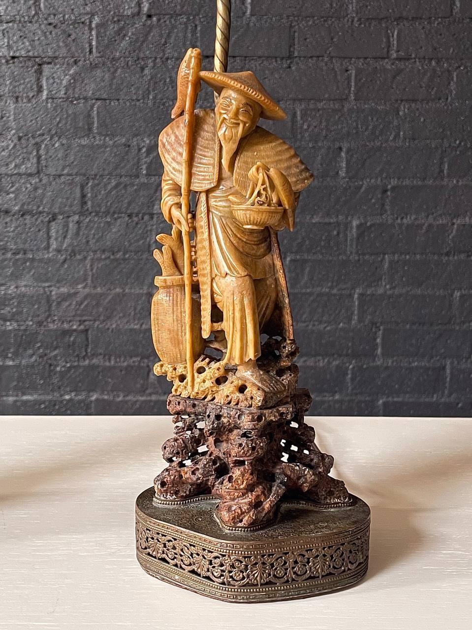 Pair of Mid-Century Carved Soapstone Chinese Fisherman Table Lamps w/ Decorative 1