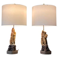 Pair of Mid-Century Carved Soapstone Chinese Fisherman Table Lamps w/ Decorative