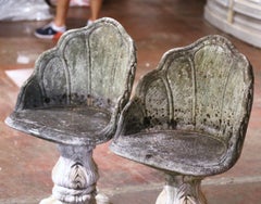 Pair of Mid Century Carved Stone Garden Chairs with Seashell Motifs