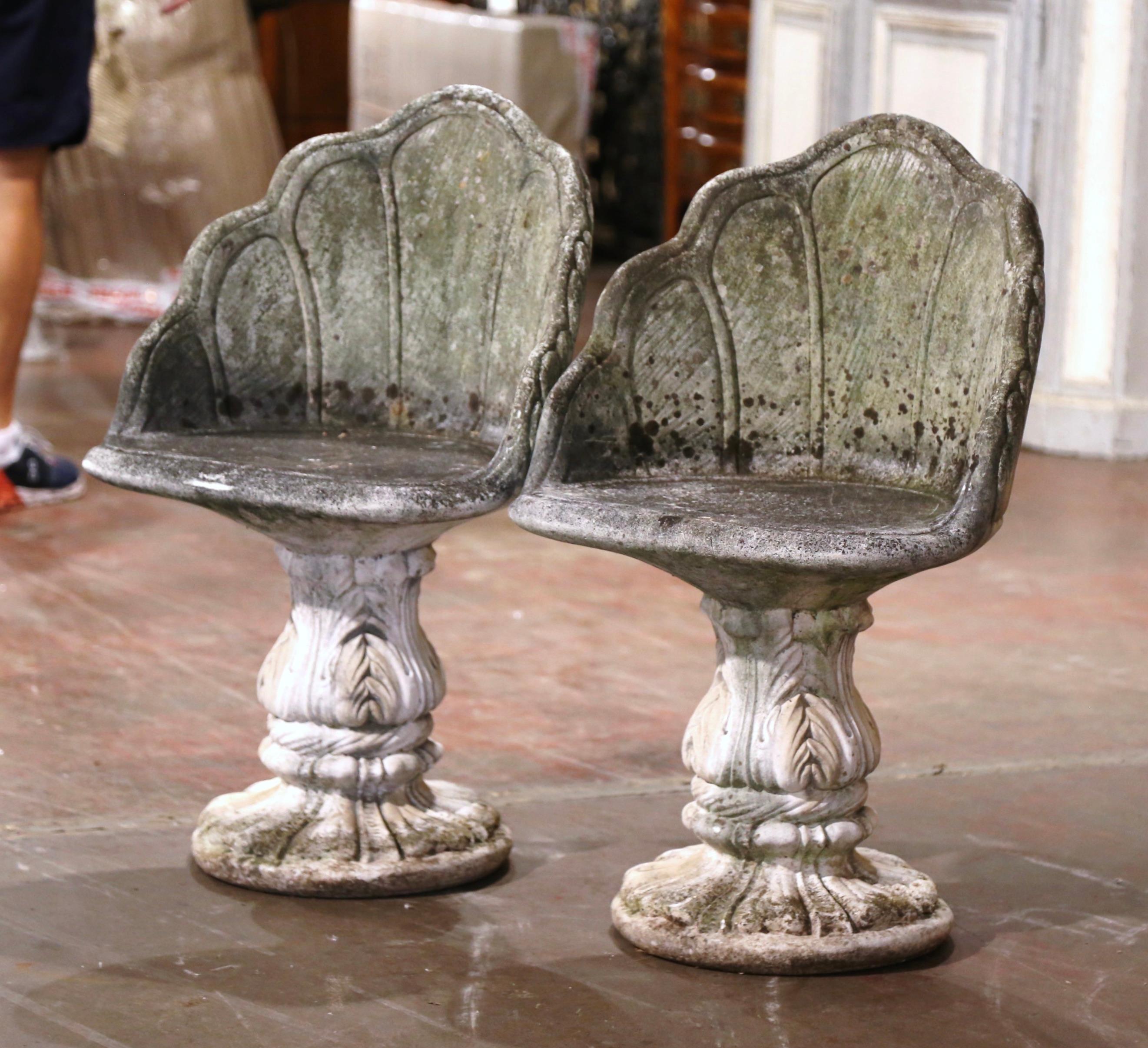 Pair of Mid Century Carved Stone Garden Chairs with Seashell Motifs In Excellent Condition For Sale In Dallas, TX